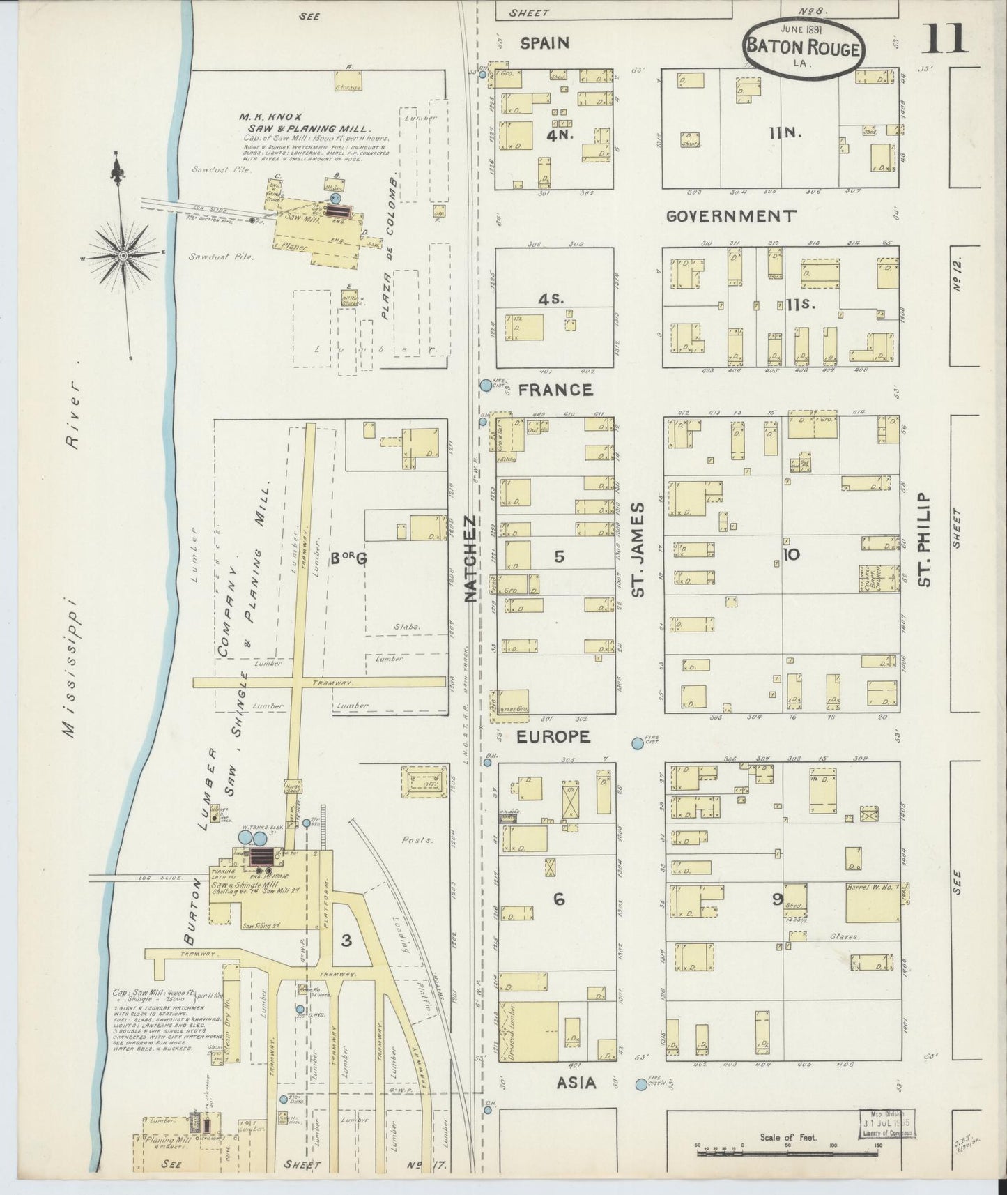 Sanborn Fire Insurance Map from Baton Rouge, East Baton Rouge Parish, Louisiana (1891), Sheet #0011 - Historic Sanborn Fire Insurance Map Print, vintage old map wall art, antique decor, genealogy gift, Louisiana Louisiana map