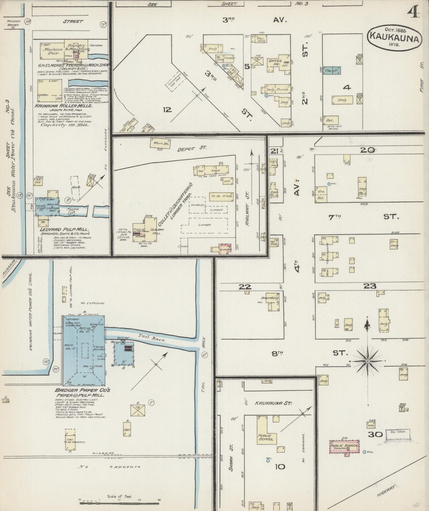 Sanborn Fire Insurance Map from Kaukauna, Outagamie County, Wisconsin (1885), Sheet #0004 - Historic Sanborn Fire Insurance Map Print, vintage old map wall art, antique decor, genealogy gift, Wisconsin Wisconsin map