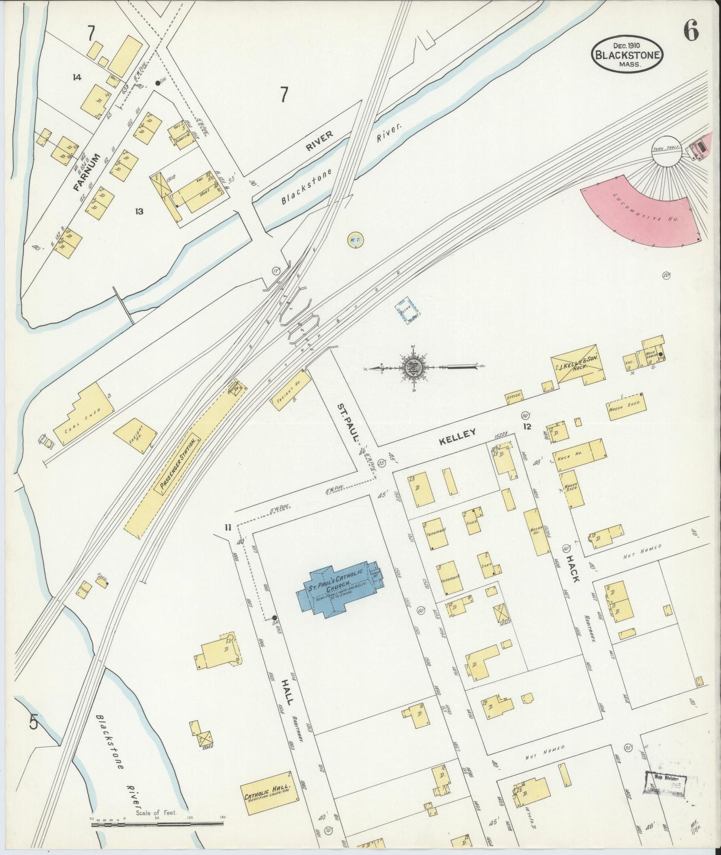 Sanborn Fire Insurance Map from Blackstone, Worcester County, Massachusetts (1910), Sheet #0006 - Historic Sanborn Fire Insurance Map Print, vintage old map wall art, antique decor, genealogy gift, Massachusetts Massachusetts map
