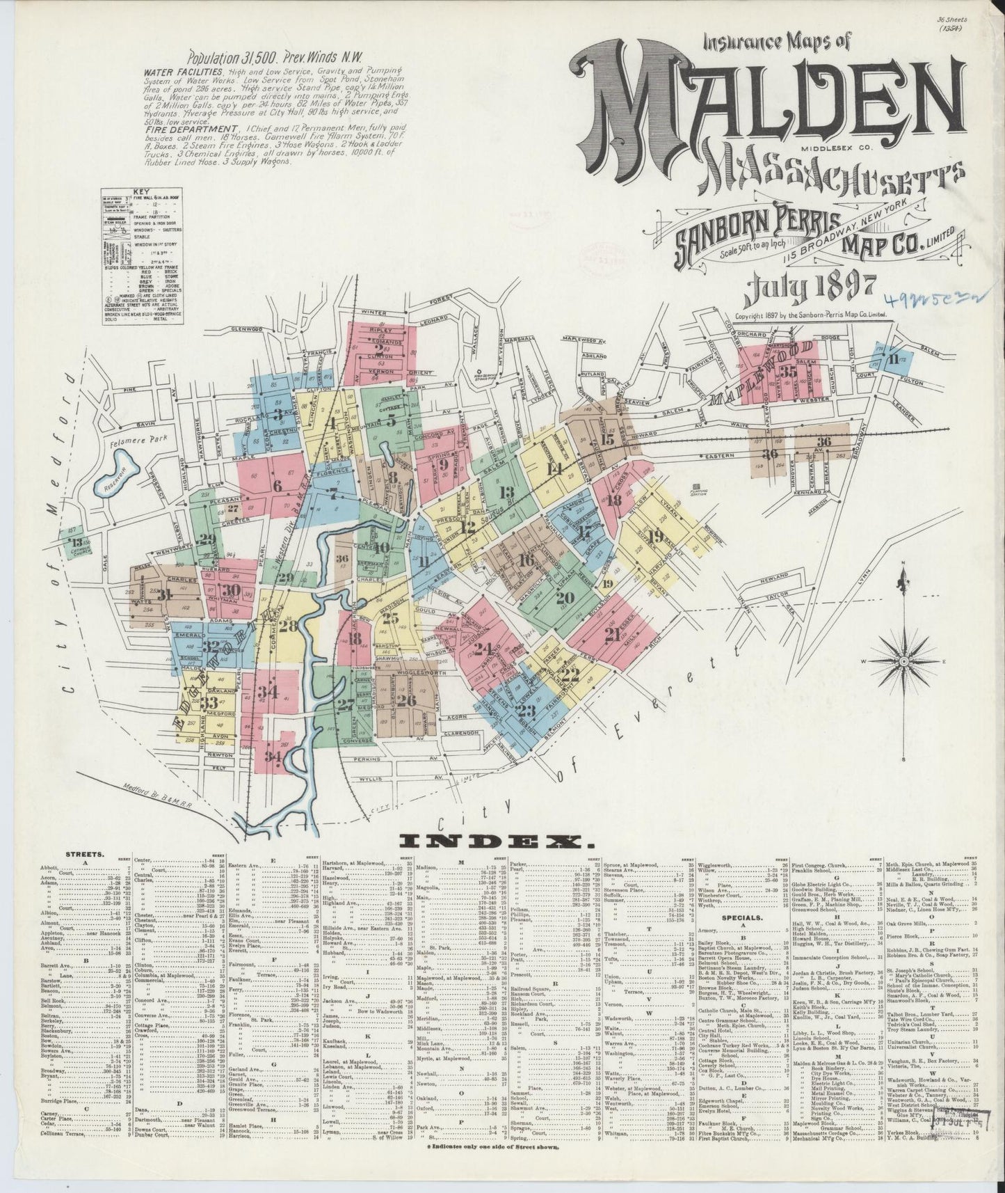 Sanborn Fire Insurance Map from Malden, Middlesex County, Massachusetts (1897), Sheet #0001 - Historic Sanborn Fire Insurance Map Print, vintage old map wall art, antique decor, genealogy gift, Massachusetts Massachusetts map