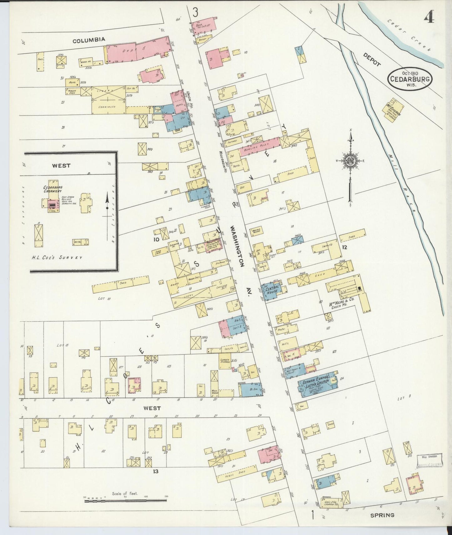 Sanborn Fire Insurance Map from Cedarburg, Ozaukee County, Wisconsin (1910), Sheet #0004 - Historic Sanborn Fire Insurance Map Print, vintage old map wall art, antique decor, genealogy gift, Wisconsin Wisconsin map