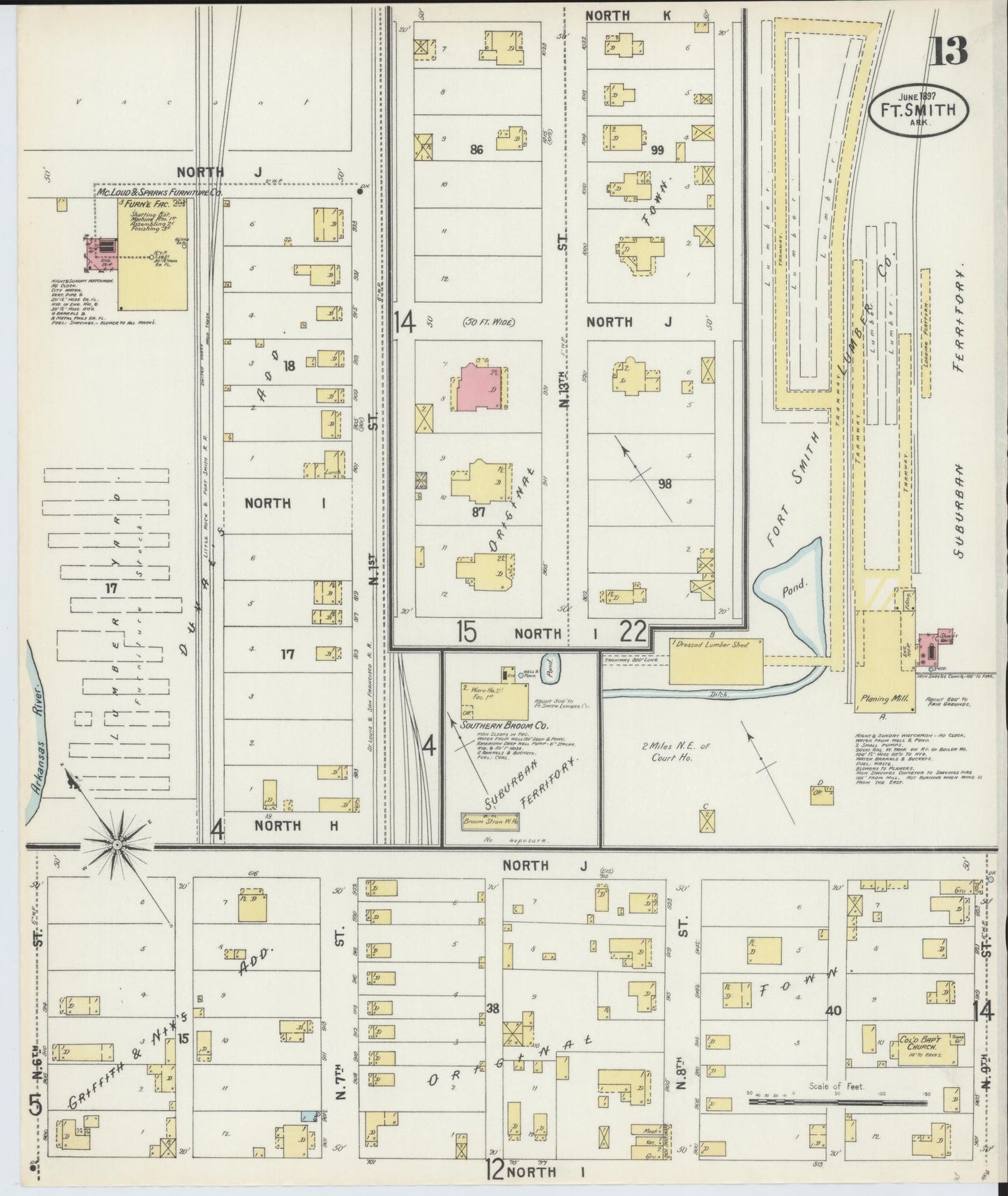 Sanborn Fire Insurance Map from Fort Smith, Sebastian County, Arkansas (1897), Sheet #0013 - Historic Sanborn Fire Insurance Map Print, vintage old map wall art, antique decor, genealogy gift, Arkansas Arkansas map