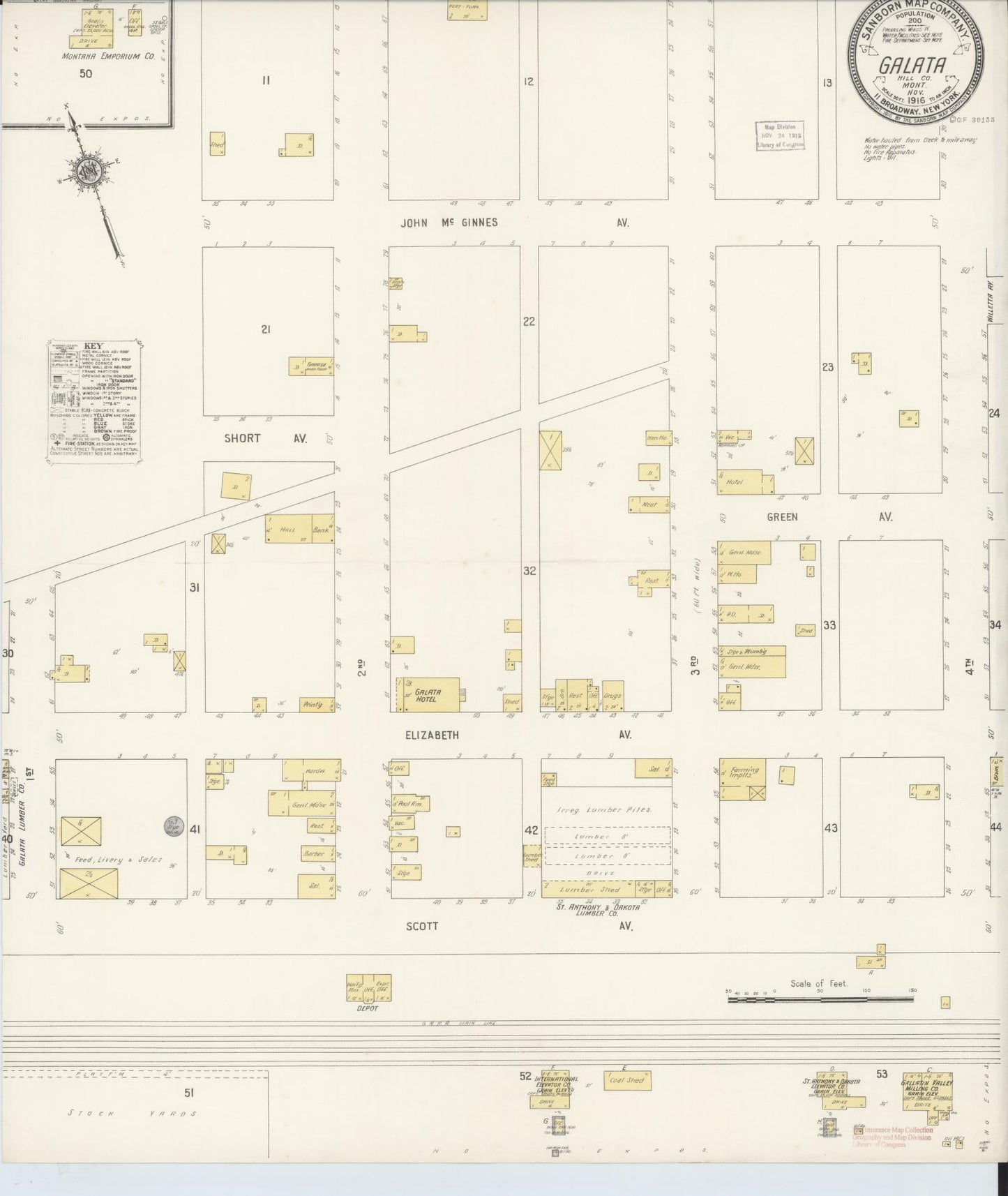 Sanborn Fire Insurance Map from Galata, Toole County, Montana (1916), Sheet #0001 - Historic Sanborn Fire Insurance Map Print, vintage old map wall art, antique decor, genealogy gift, Montana Montana map