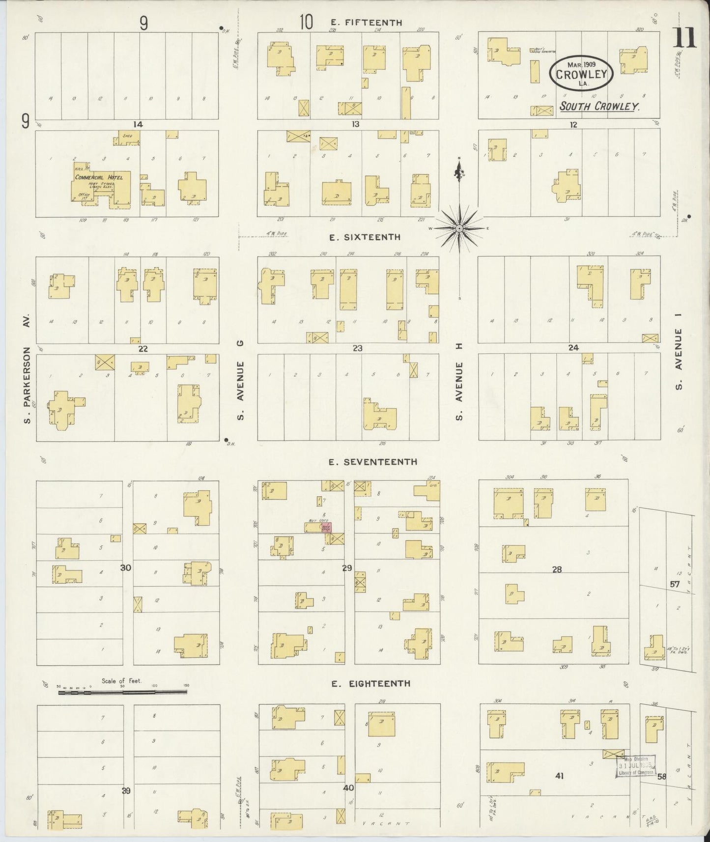 Sanborn Fire Insurance Map from Crowley, Acadia Parish, Louisiana (1909), Sheet #0011 - Historic Sanborn Fire Insurance Map Print, vintage old map wall art, antique decor, genealogy gift, Louisiana Louisiana map