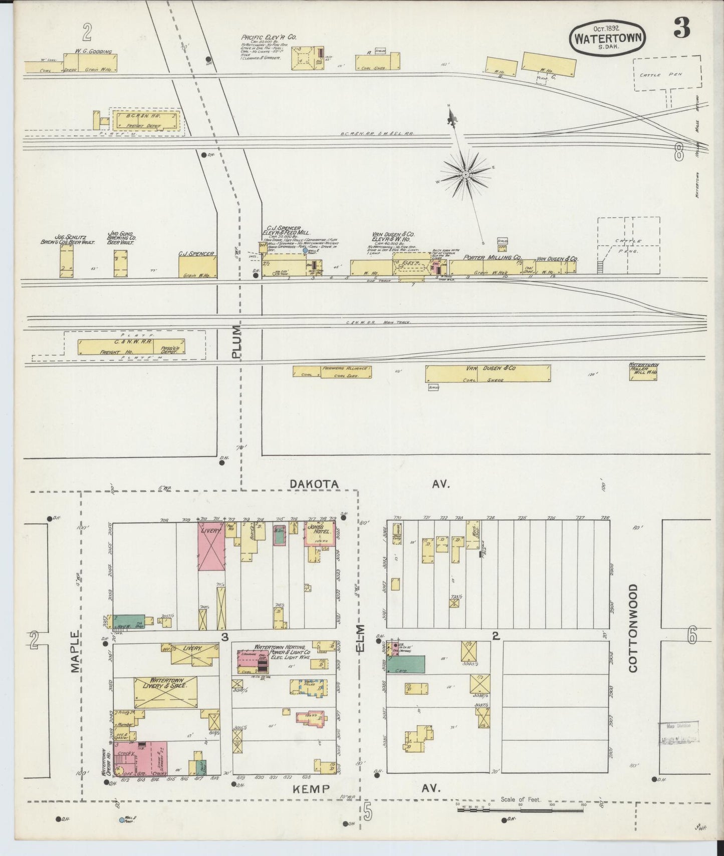 Sanborn Fire Insurance Map from Watertown, Codington County, South Dakota (1892), Sheet #0003 - Historic Sanborn Fire Insurance Map Print, vintage old map wall art, antique decor, genealogy gift, South Dakota South Dakota map