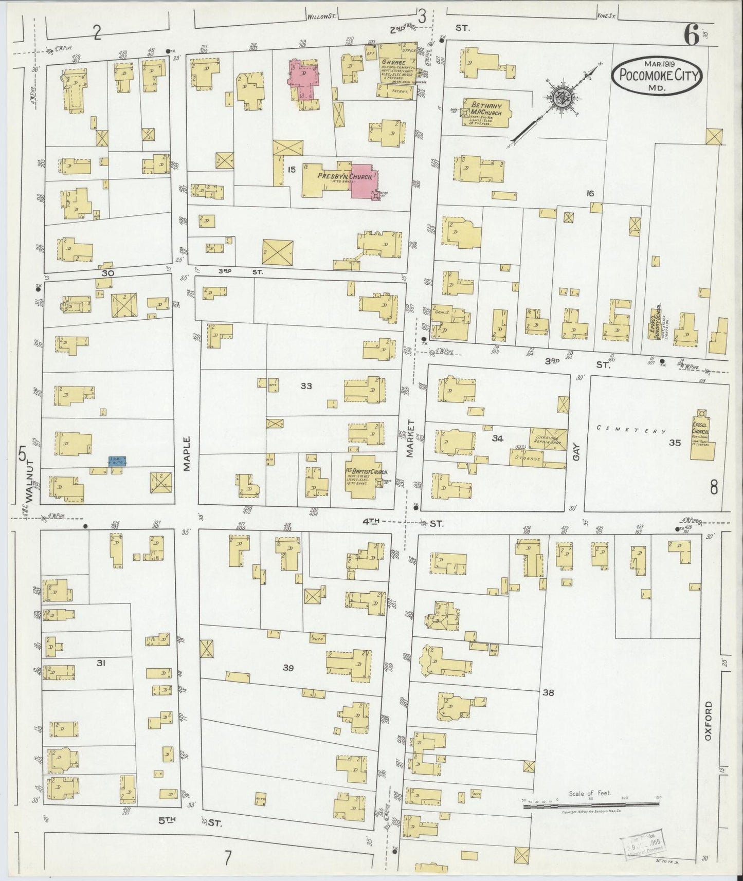 Sanborn Fire Insurance Map from Pocomoke City, Worcester County, Maryland (1919), Sheet #0006 - Historic Sanborn Fire Insurance Map Print, vintage old map wall art