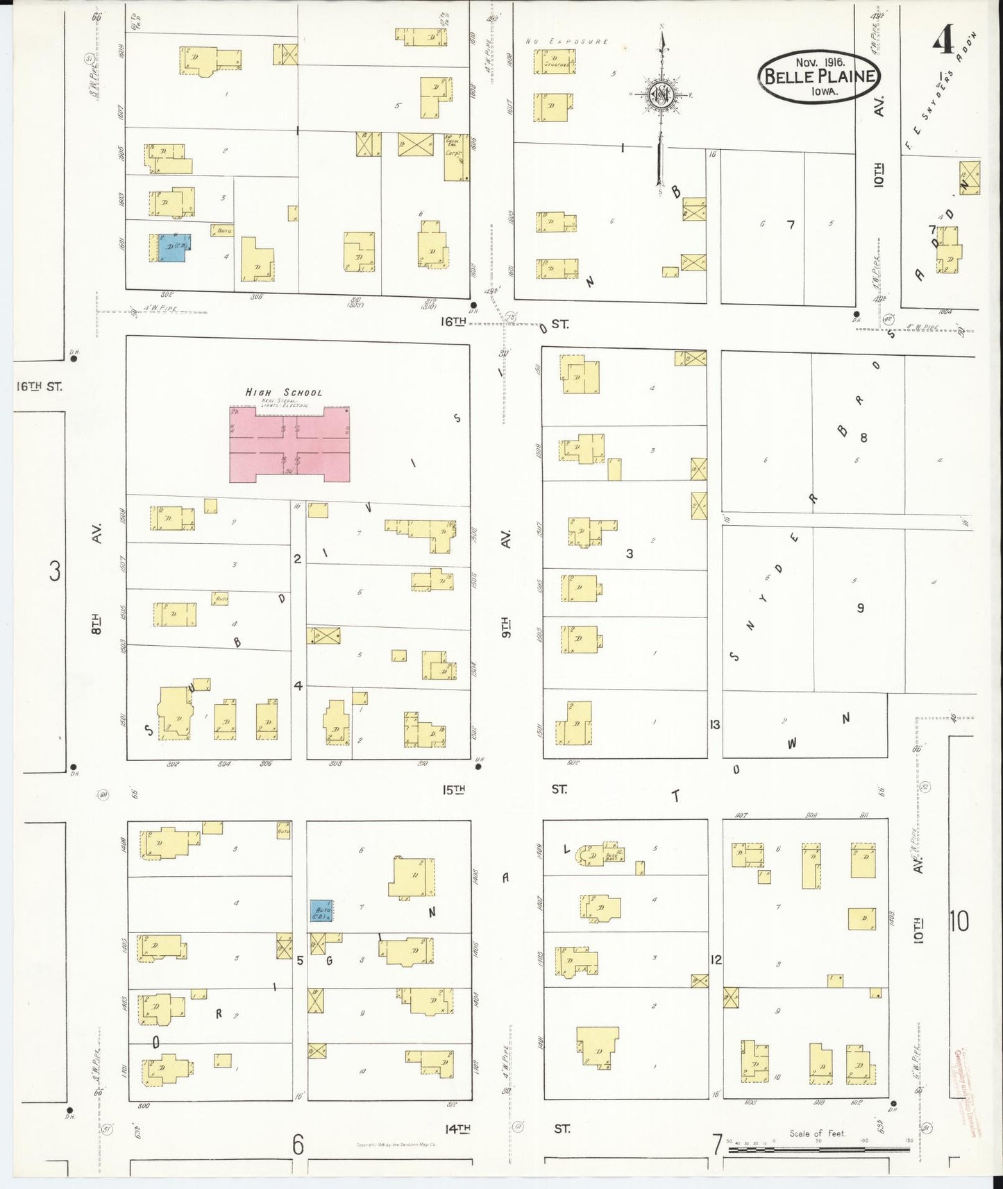 Sanborn Fire Insurance Map from Belle Plaine, Benton County, Iowa (1916), Sheet #0004 - Historic Sanborn Fire Insurance Map Print, vintage old map wall art