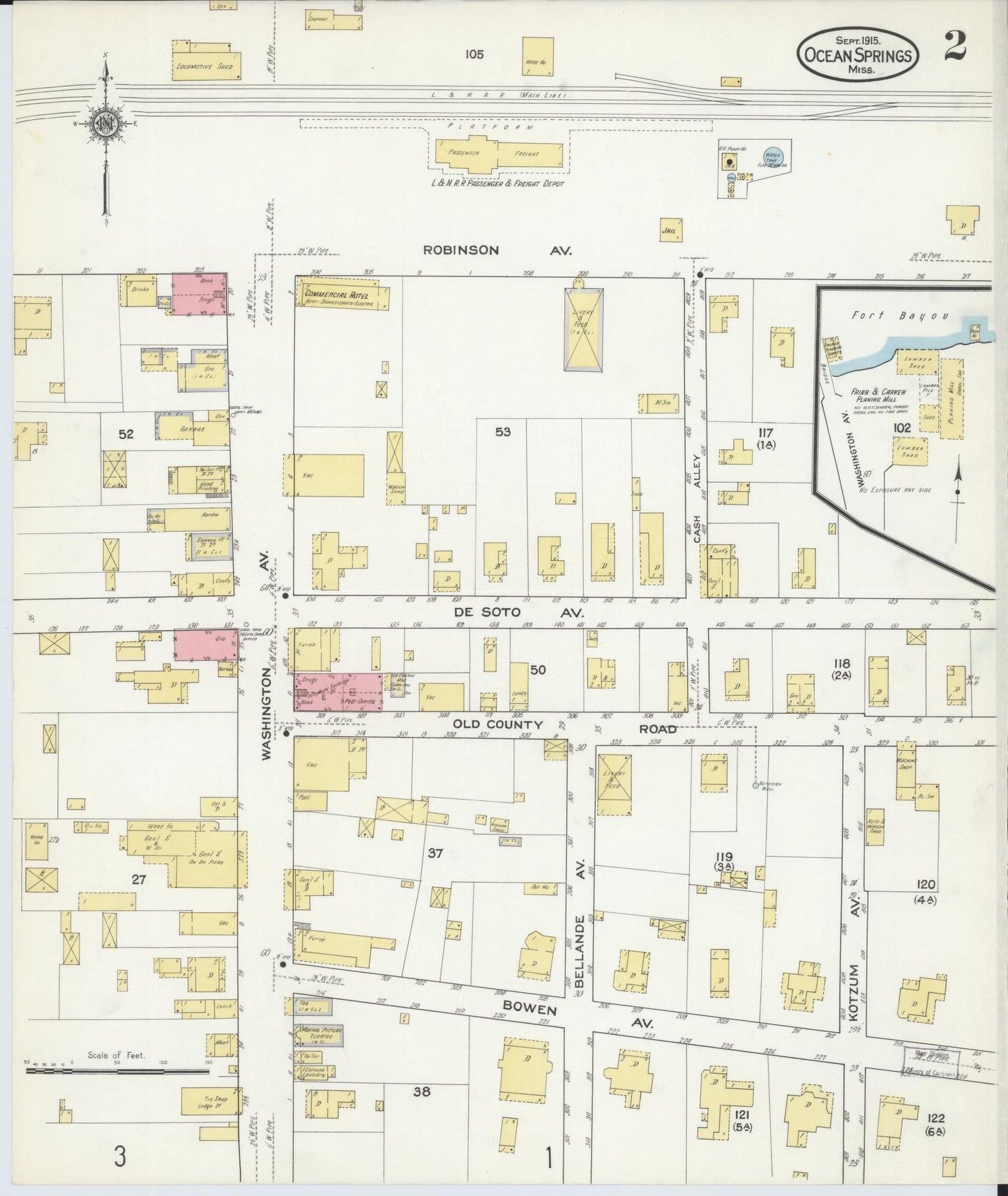 Sanborn Fire Insurance Map from Ocean Springs, Jackson County, Mississippi (1915), Sheet #0002 - Historic Sanborn Fire Insurance Map Print, vintage old map wall art, antique decor, genealogy gift, Mississippi Mississippi map