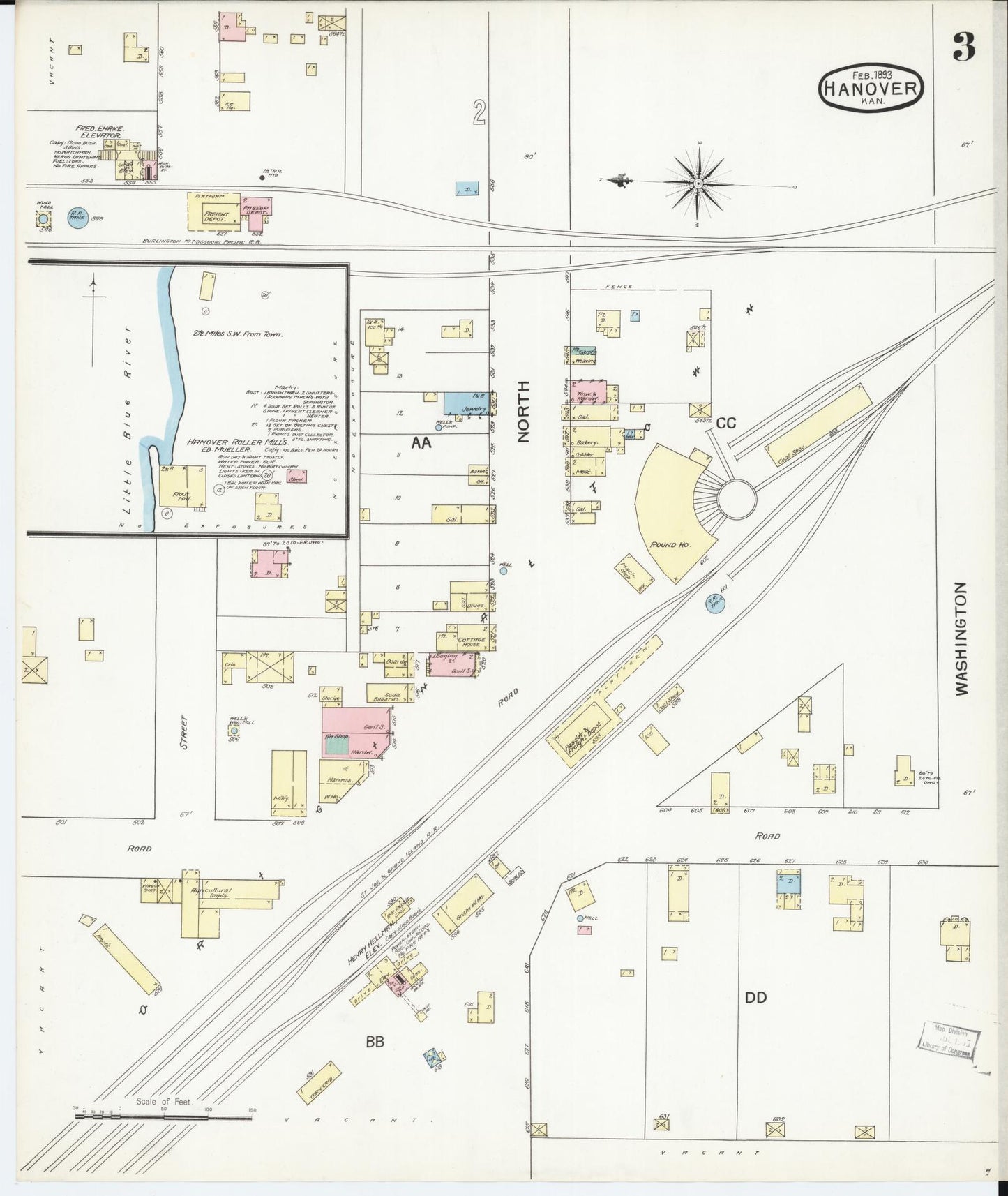 Sanborn Fire Insurance Map from Hanover, Washington County, Kansas (1893), Sheet #0003 - Complete Map Set gallery image, historic Sanborn map, vintage wall art, Kansas Kansas