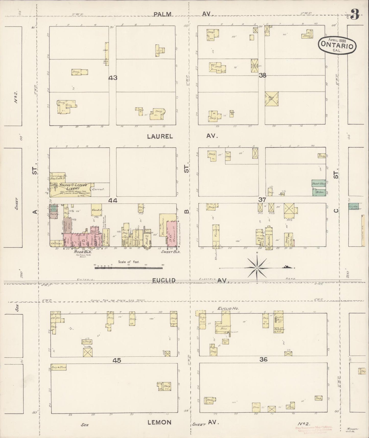 Sanborn Fire Insurance Map from Ontario, San Bernardino County, California (1888), Sheet #0003 - Historic Sanborn Fire Insurance Map Print, vintage old map wall art, antique decor, genealogy gift, California California map