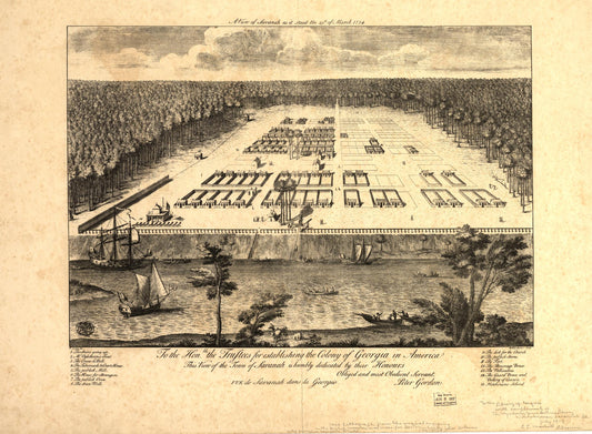 A view of Savannah as it stood the 29th of March 1734. (Unknown) – Historic Bird’s-Eye View Panorama Print