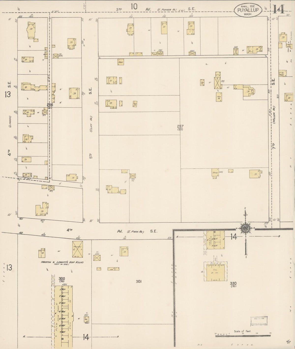 Sanborn Fire Insurance Map from Puyallup, Pierce County, Washington (1912), Sheet #0014 - Historic Sanborn Fire Insurance Map Print, vintage old map wall art, antique decor, genealogy gift, Washington Washington map