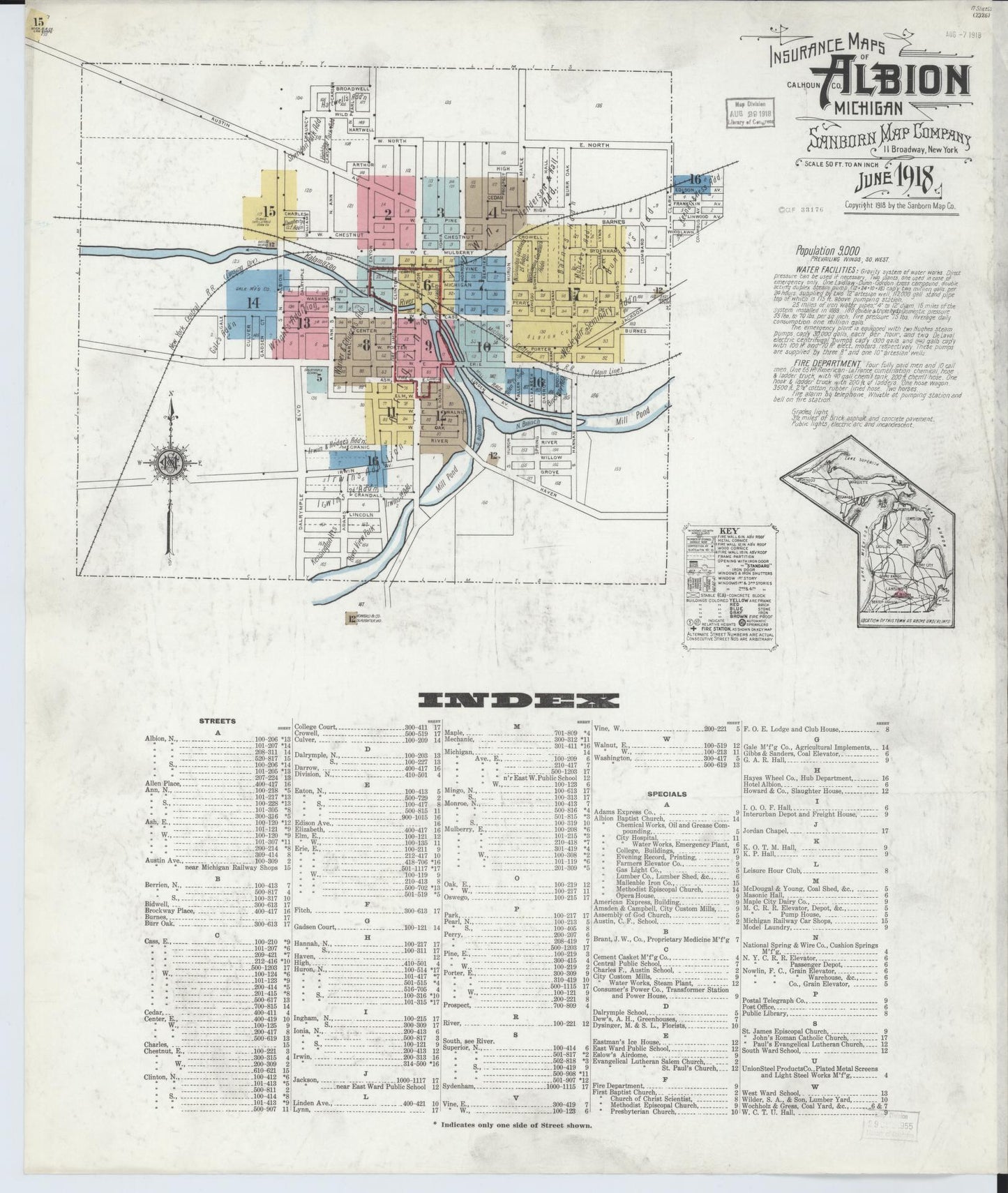 Sanborn Fire Insurance Map from Albion, Calhoun County, Michigan (1918), Sheet #0001 - Historic Sanborn Fire Insurance Map Print, vintage old map wall art, antique decor, genealogy gift, Michigan Michigan map