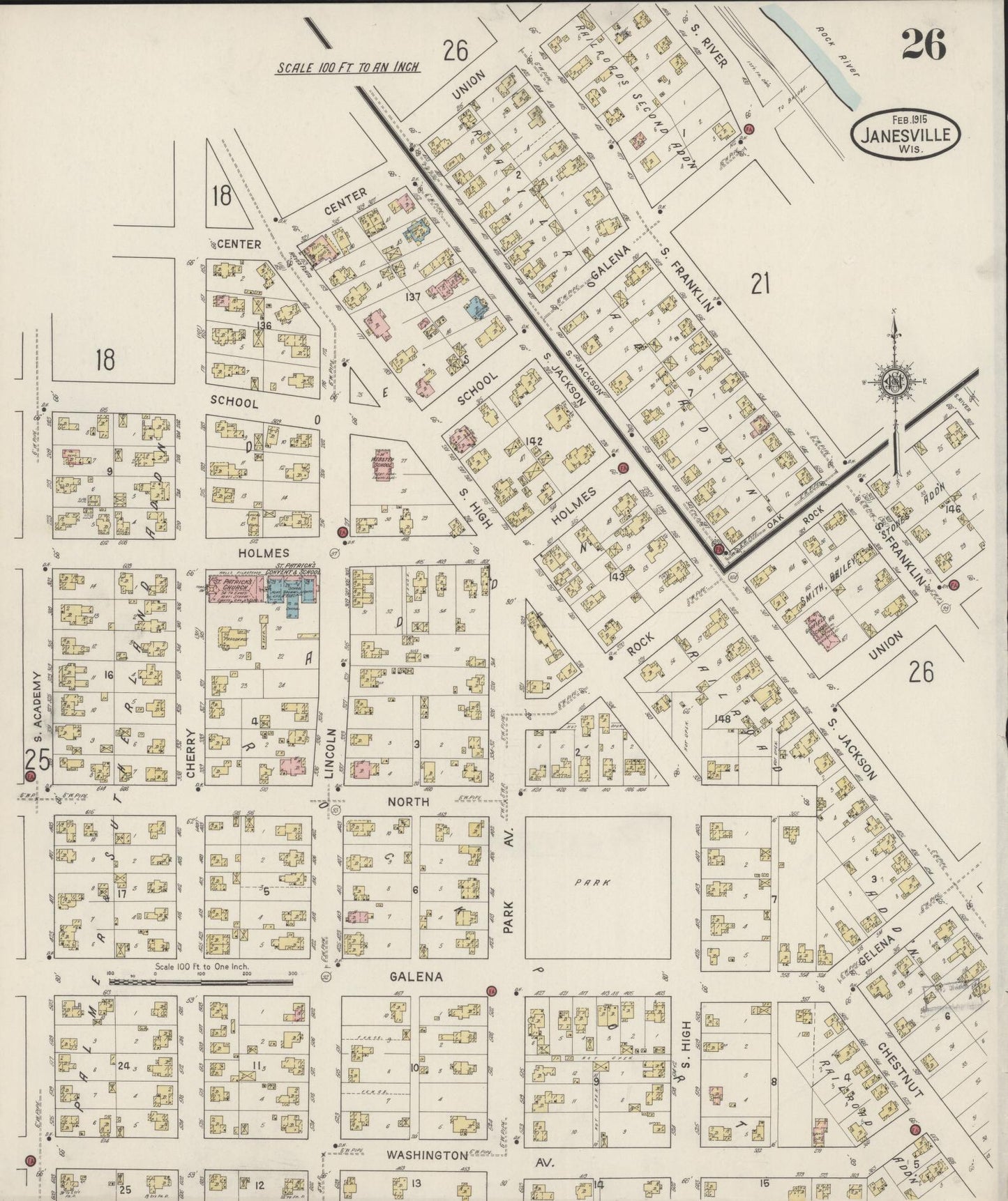 Sanborn Fire Insurance Map from Janesville, Rock County, Wisconsin (1915), Sheet #0026 - Complete Map Set gallery image, historic Sanborn map, vintage wall art, Wisconsin Wisconsin