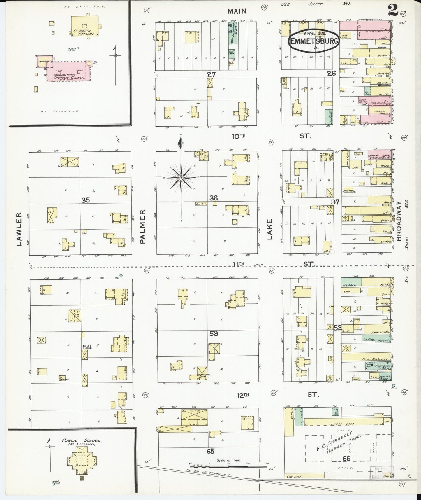 Sanborn Fire Insurance Map from Emmetsburg, Palo Alto County, Iowa (1892), Sheet #0002 - Historic Sanborn Fire Insurance Map Print, vintage old map wall art