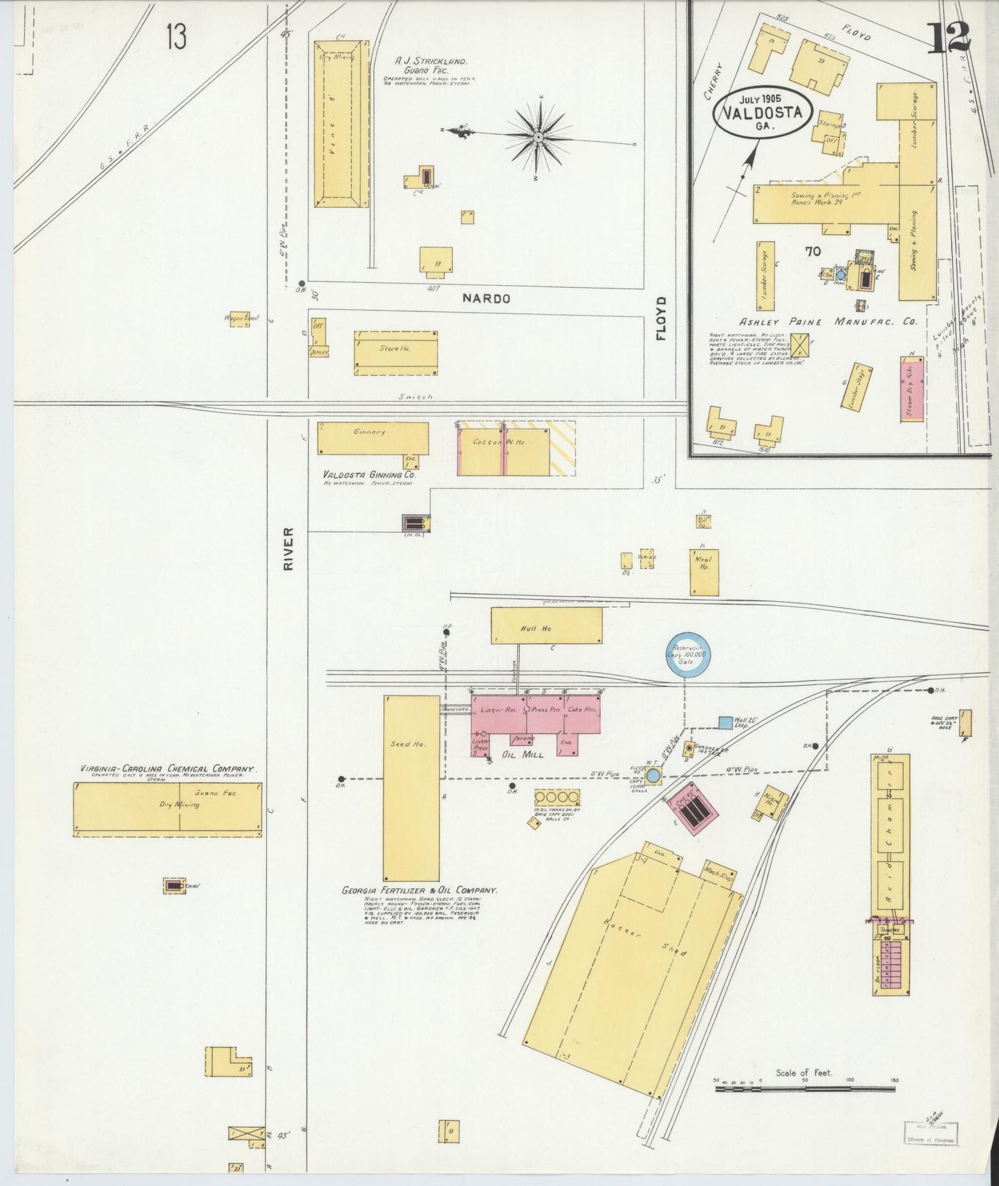 Sanborn Fire Insurance Map from Valdosta, Lowndes County, Georgia (1905), Sheet #0012 - Historic Sanborn Fire Insurance Map Print, vintage old map wall art, antique decor, genealogy gift, Georgia Georgia map