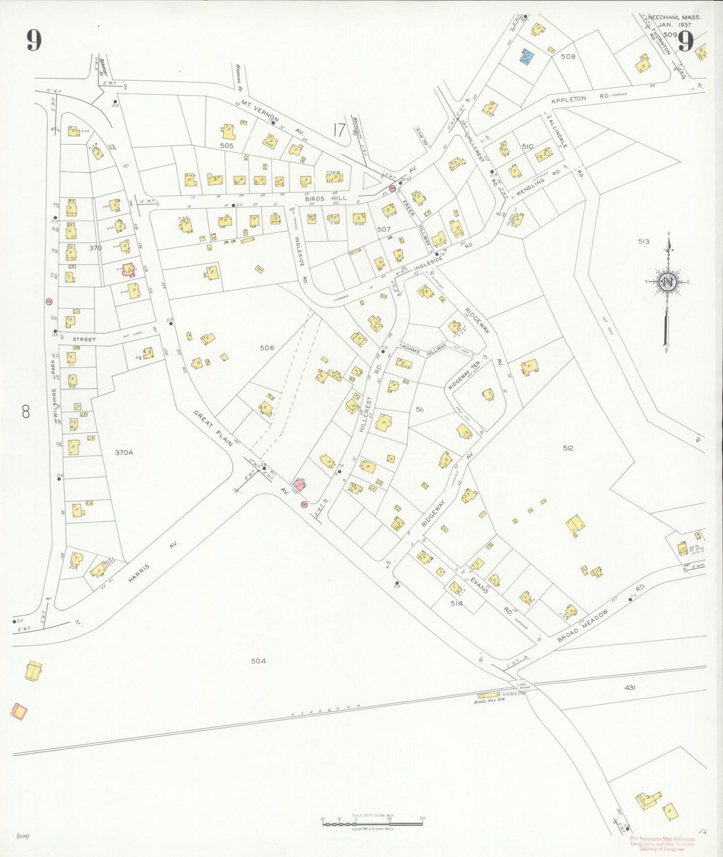 Sanborn Fire Insurance Map from Needham, Norfolk County, Massachusetts (1937), Sheet #0009 - Historic Sanborn Fire Insurance Map Print, vintage old map wall art, antique decor, genealogy gift, Massachusetts Massachusetts map
