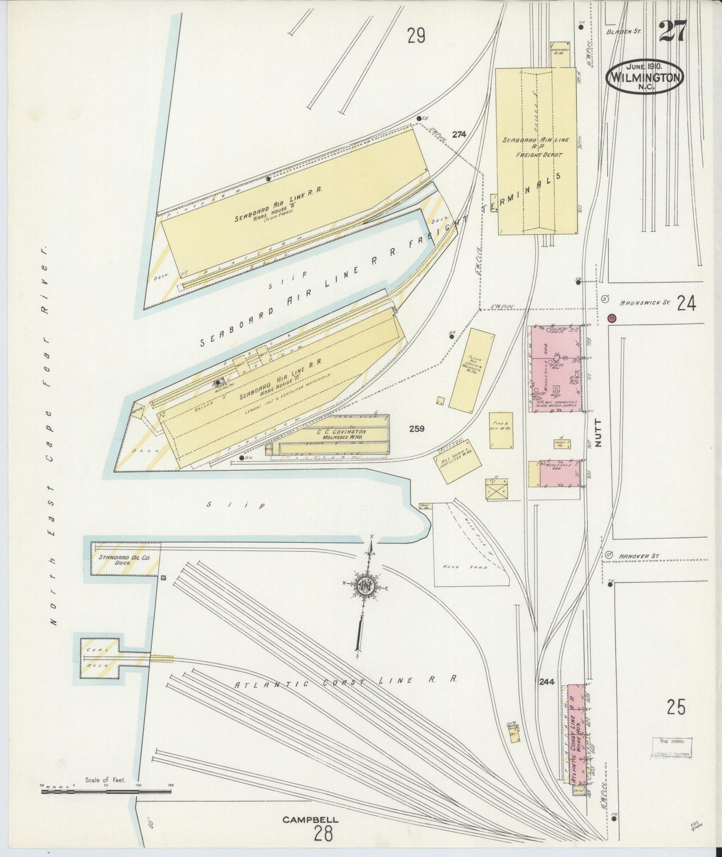 Sanborn Fire Insurance Map from Wilmington, New Hanover County, North Carolina (1910), Sheet #0027 - Historic Sanborn Fire Insurance Map Print, vintage old map wall art, antique decor, genealogy gift, North Carolina North Carolina map