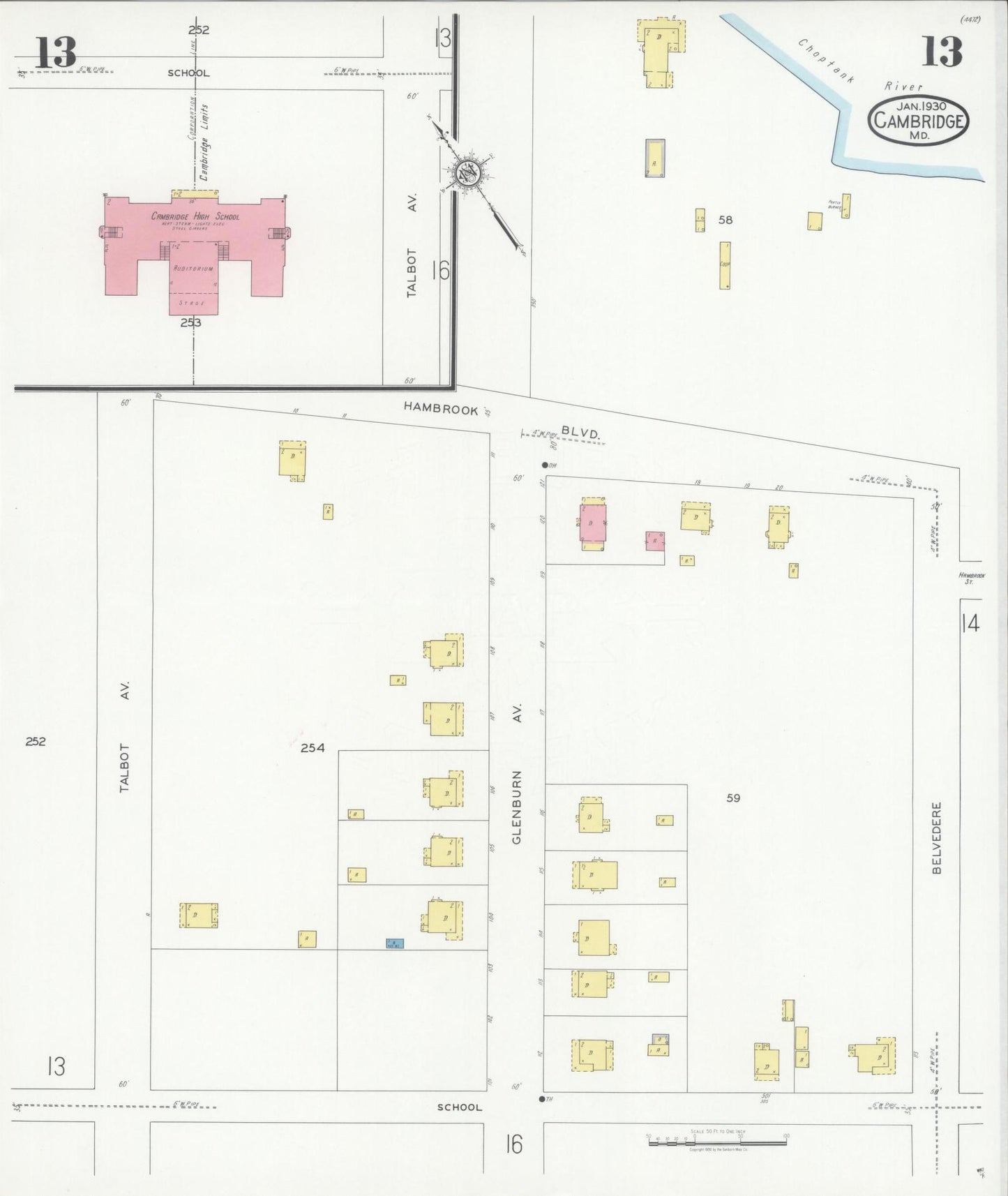 Dorchester, Maryland - 1930 - Sanborn Fire Insurance Map, Sheet #0013 - Historic Sanborn Fire Insurance Map Print, Dorchester Maryland 1930 0013 vintage old map wall art