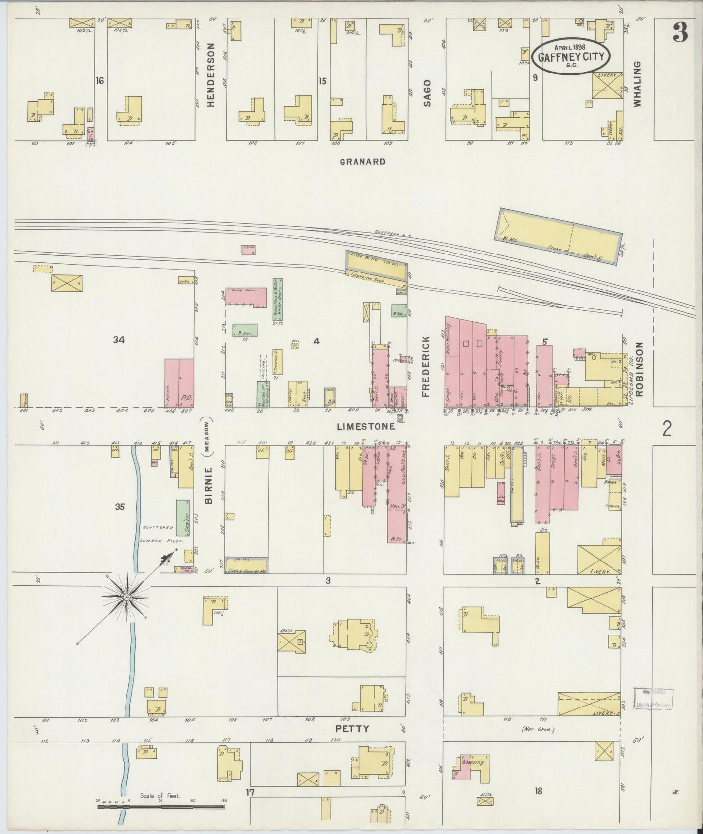 Sanborn Fire Insurance Map from Gaffney, Cherokee County, South Carolina (1898), Sheet #0003 - Complete Map Set gallery image, historic Sanborn map, vintage wall art, South Carolina South Carolina