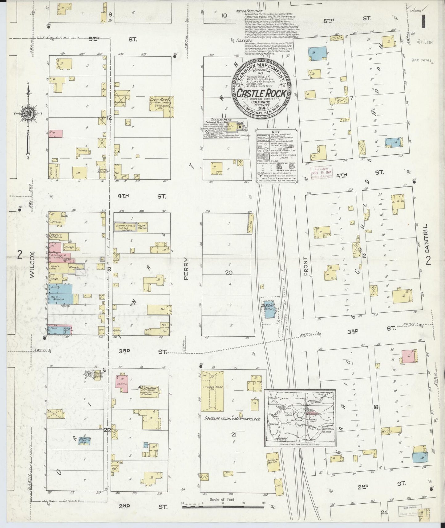 Sanborn Fire Insurance Map from Castle Rock, Douglas County, Colorado (1914), Sheet #0001 - Historic Sanborn Fire Insurance Map Print, vintage old map wall art, antique decor, genealogy gift, Colorado Colorado map