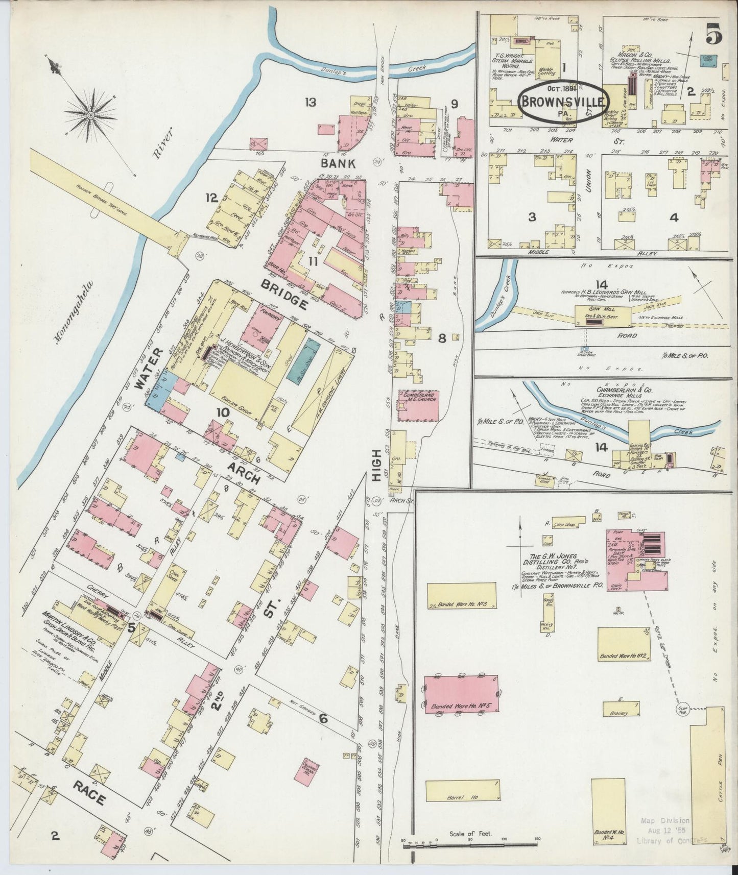 Sanborn Fire Insurance Map from Brownsville, Fayette County, Pennsylvania (1891), Sheet #0005 - Historic Sanborn Fire Insurance Map Print, vintage old map wall art, antique decor, genealogy gift, Pennsylvania Pennsylvania map