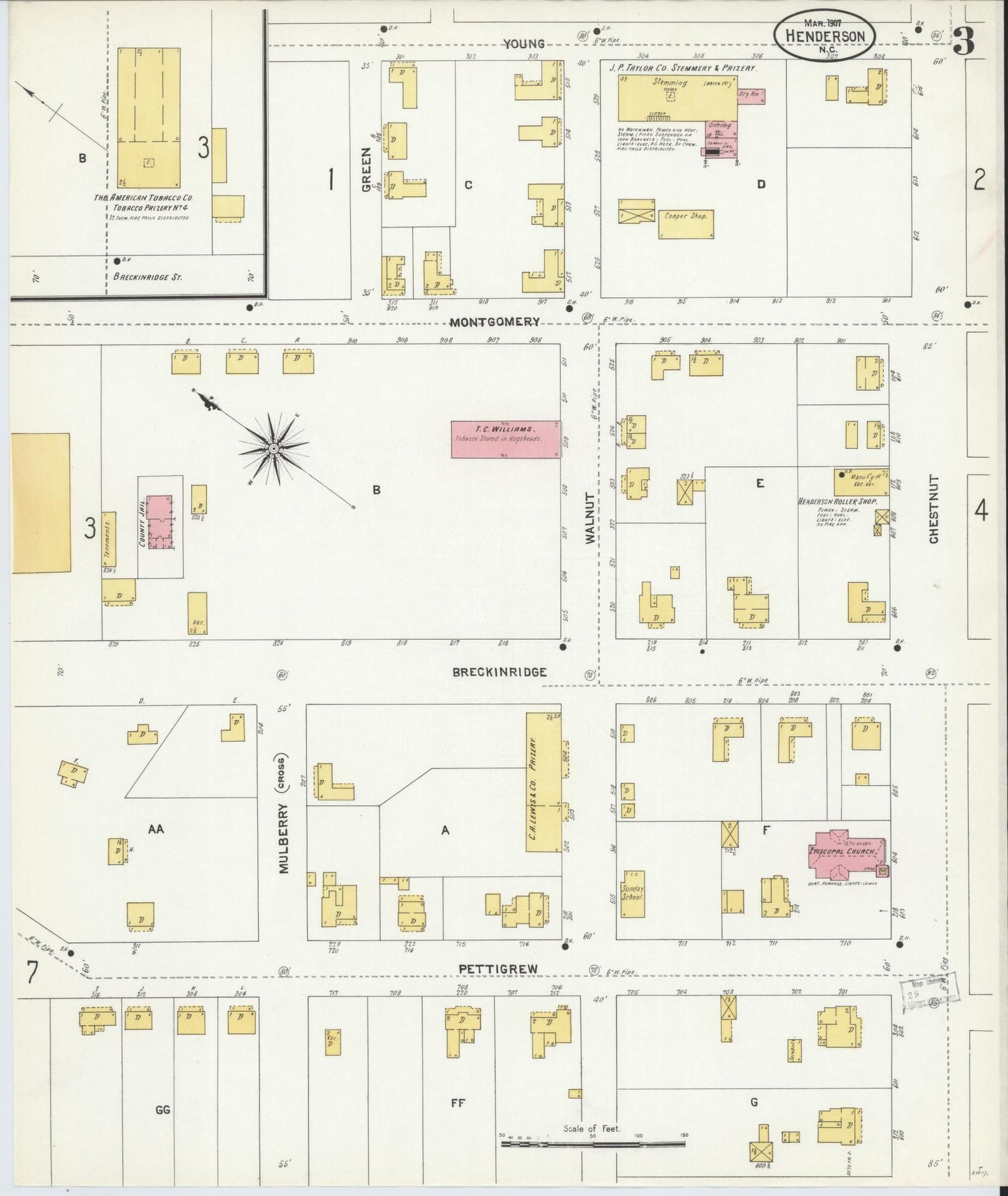 Sanborn Fire Insurance Map from Henderson, Vance County, North Carolina (1907), Sheet #0003 - Historic Sanborn Fire Insurance Map Print, vintage old map wall art, antique decor, genealogy gift, North Carolina North Carolina map