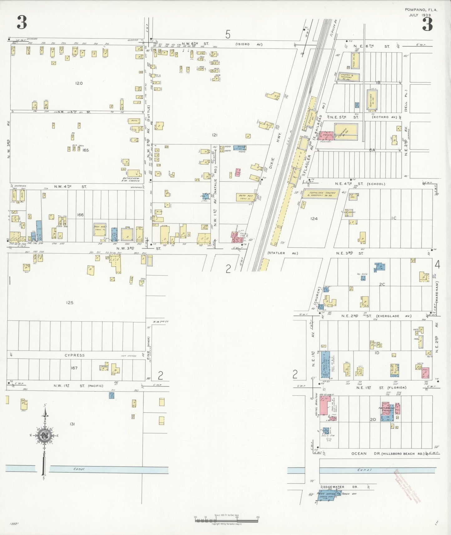 Sanborn Fire Insurance Map from Pompano, Broward County, Florida (1939), Sheet #0003 - Historic Sanborn Fire Insurance Map Print, vintage old map wall art, antique decor, genealogy gift, Florida Florida map