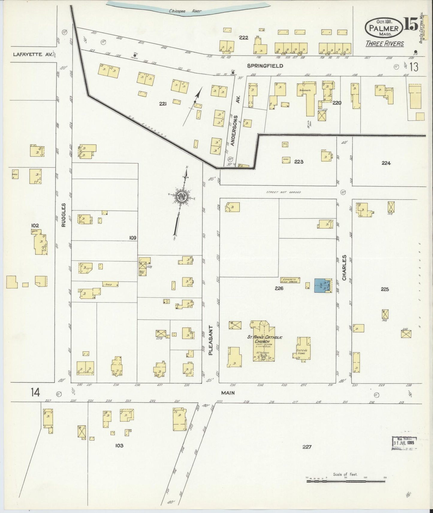 Sanborn Fire Insurance Map from Palmer, Hampden County, Massachusetts (1911), Sheet #0015 - Historic Sanborn Fire Insurance Map Print, vintage old map wall art, antique decor, genealogy gift, Massachusetts Massachusetts map