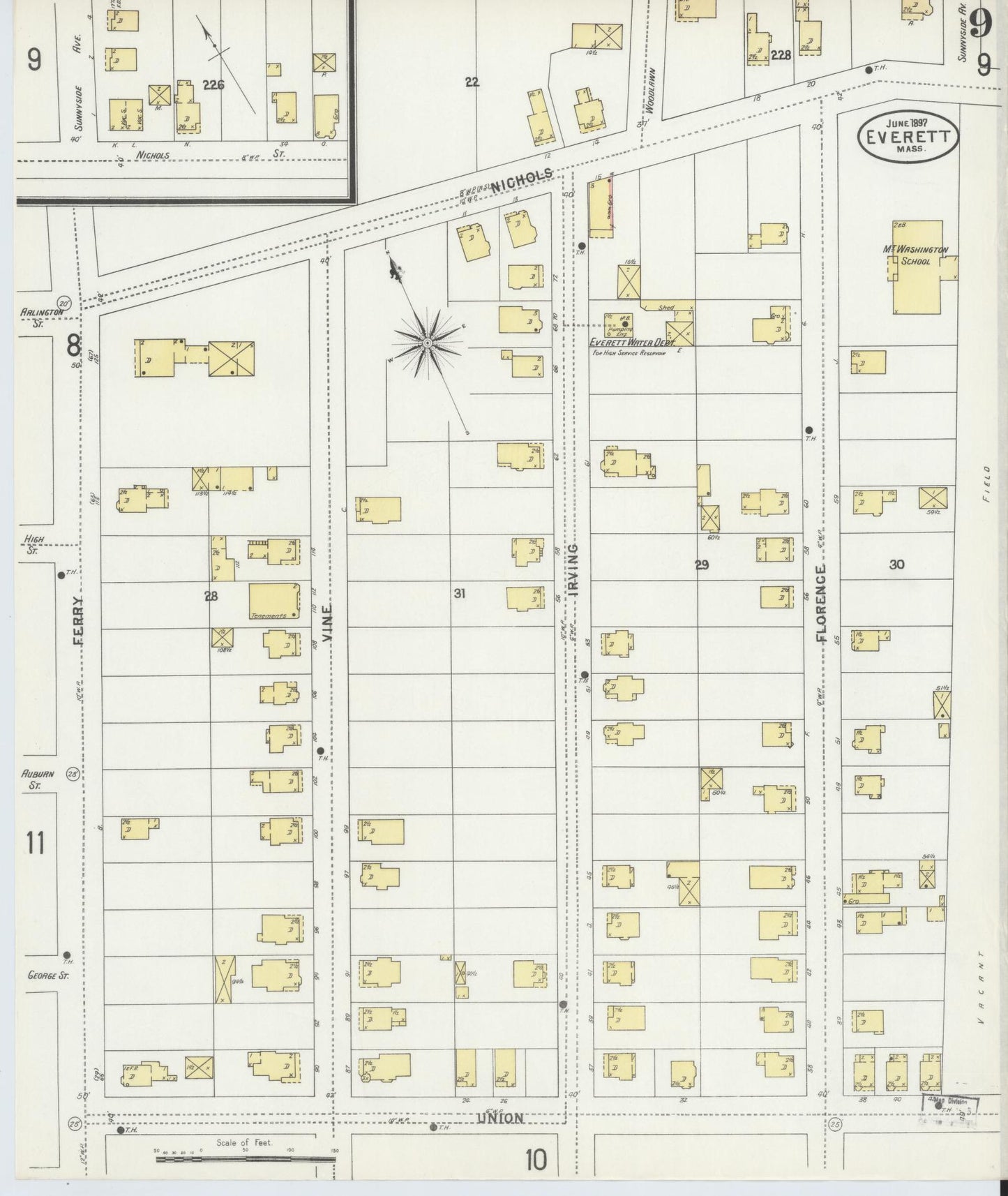 Sanborn Fire Insurance Map from Everett, Middlesex County, Massachusetts (1897), Sheet #0009 - Historic Sanborn Fire Insurance Map Print, vintage old map wall art, antique decor, genealogy gift, Massachusetts Massachusetts map