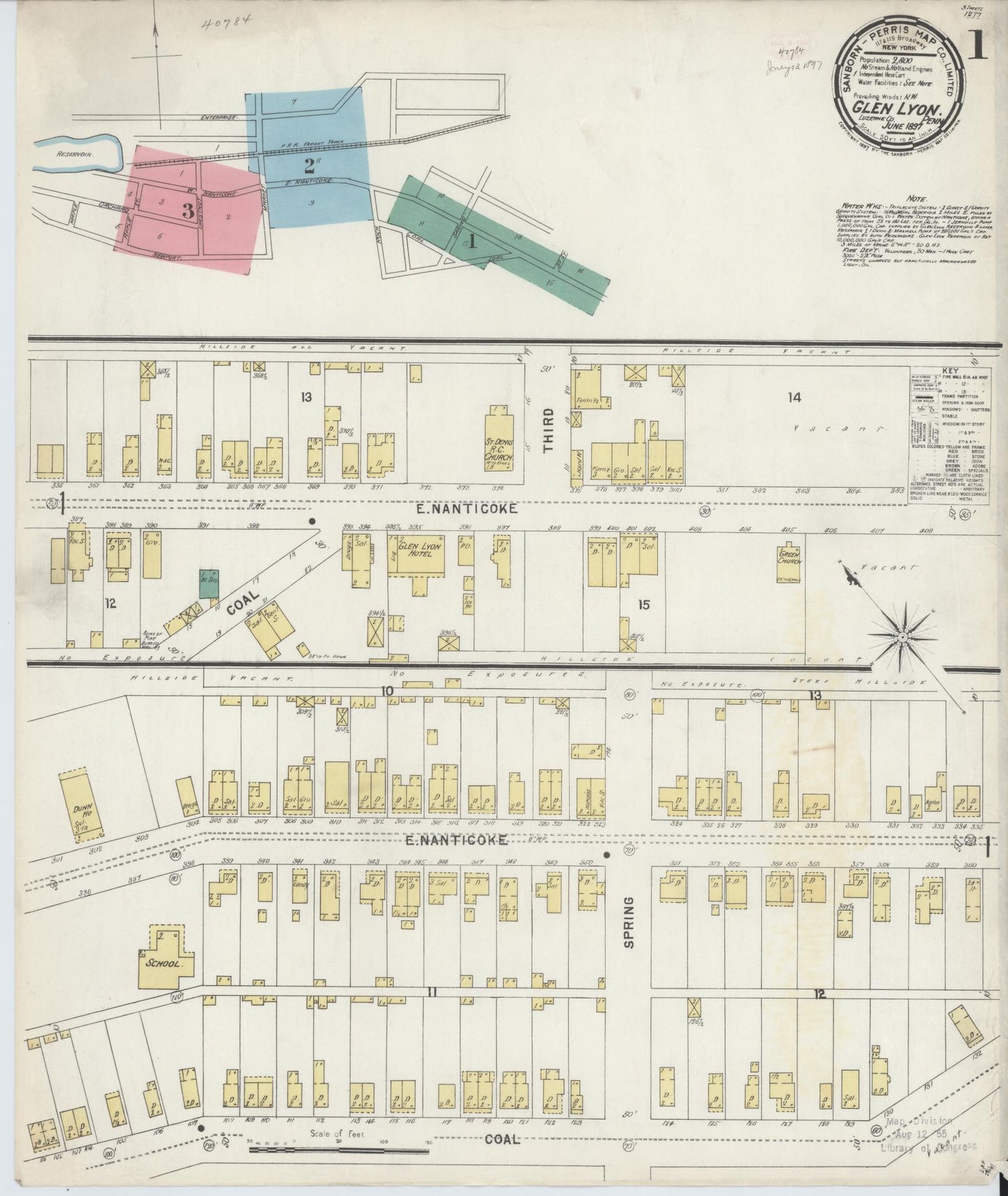 Sanborn Fire Insurance Map from Glen Lyon, Luzerne County, Pennsylvania (1897), Sheet #0001 - Historic Sanborn Fire Insurance Map Print, vintage old map wall art, antique decor, genealogy gift, Pennsylvania Pennsylvania map