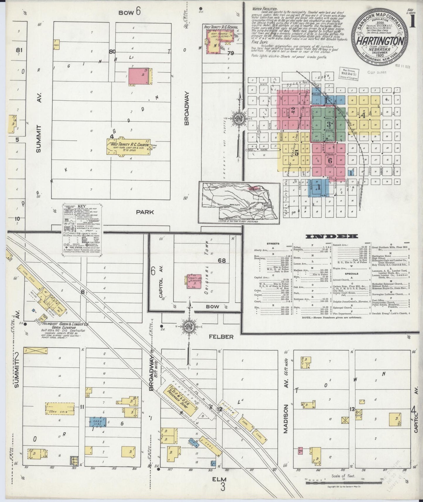 Sanborn Fire Insurance Map from Hartington, Cedar County, Nebraska (1920), Sheet #0001 - Historic Sanborn Fire Insurance Map Print, vintage old map wall art, antique decor, genealogy gift, Nebraska Nebraska map