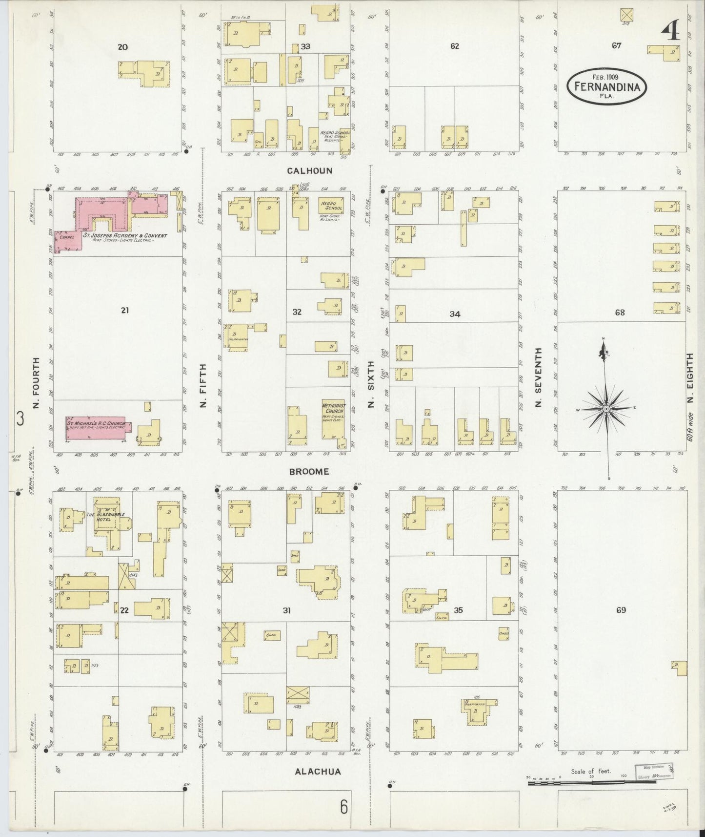 Sanborn Fire Insurance Map from Fernandina, Nassau County, Florida (1909), Sheet #0004 - Historic Sanborn Fire Insurance Map Print, vintage old map wall art, antique decor, genealogy gift, Florida Florida map