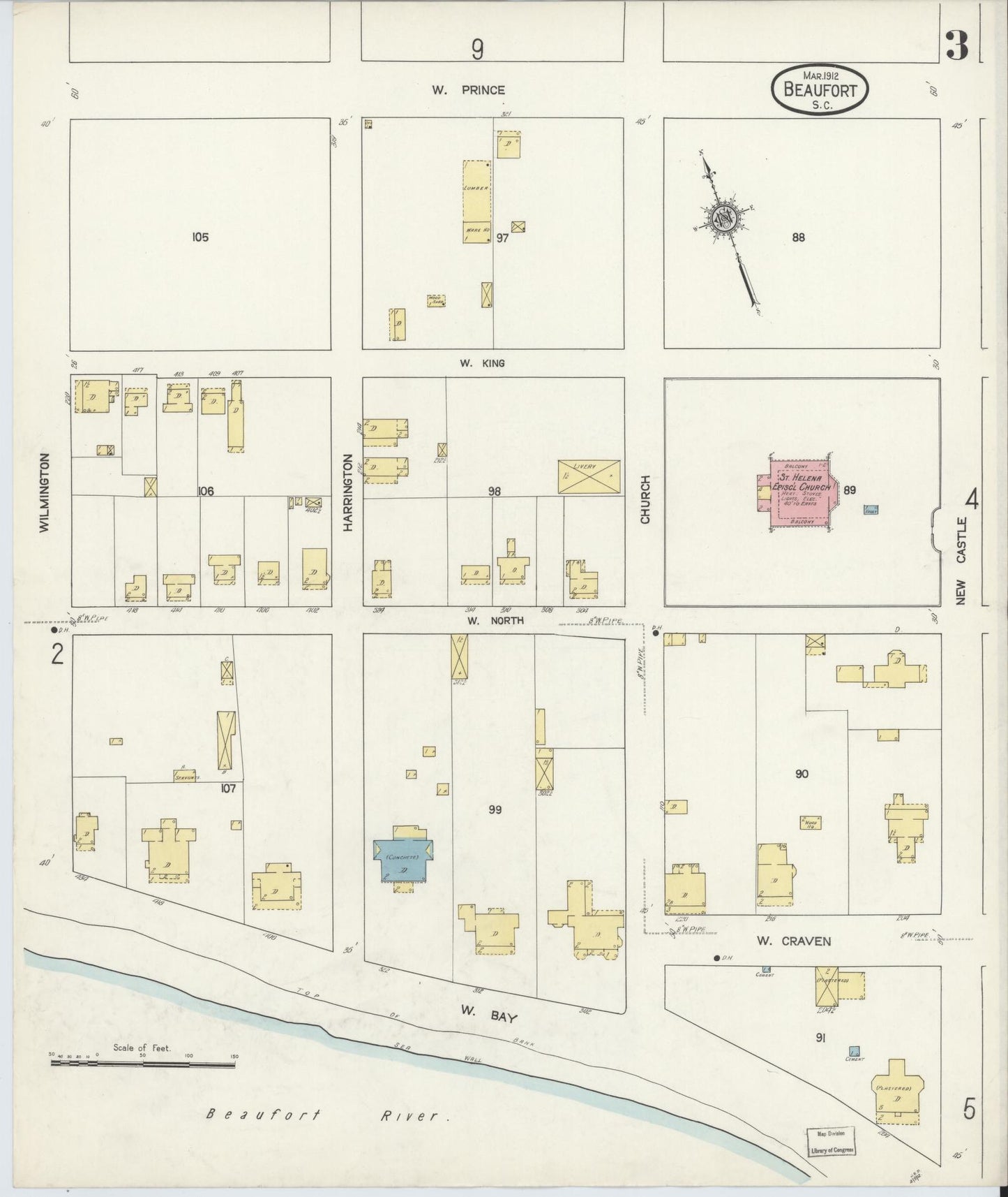Sanborn Fire Insurance Map from Beaufort, Beaufort County, South Carolina (1912), Sheet #0003 - Historic Sanborn Fire Insurance Map Print, vintage old map wall art, antique decor, genealogy gift, South Carolina South Carolina map