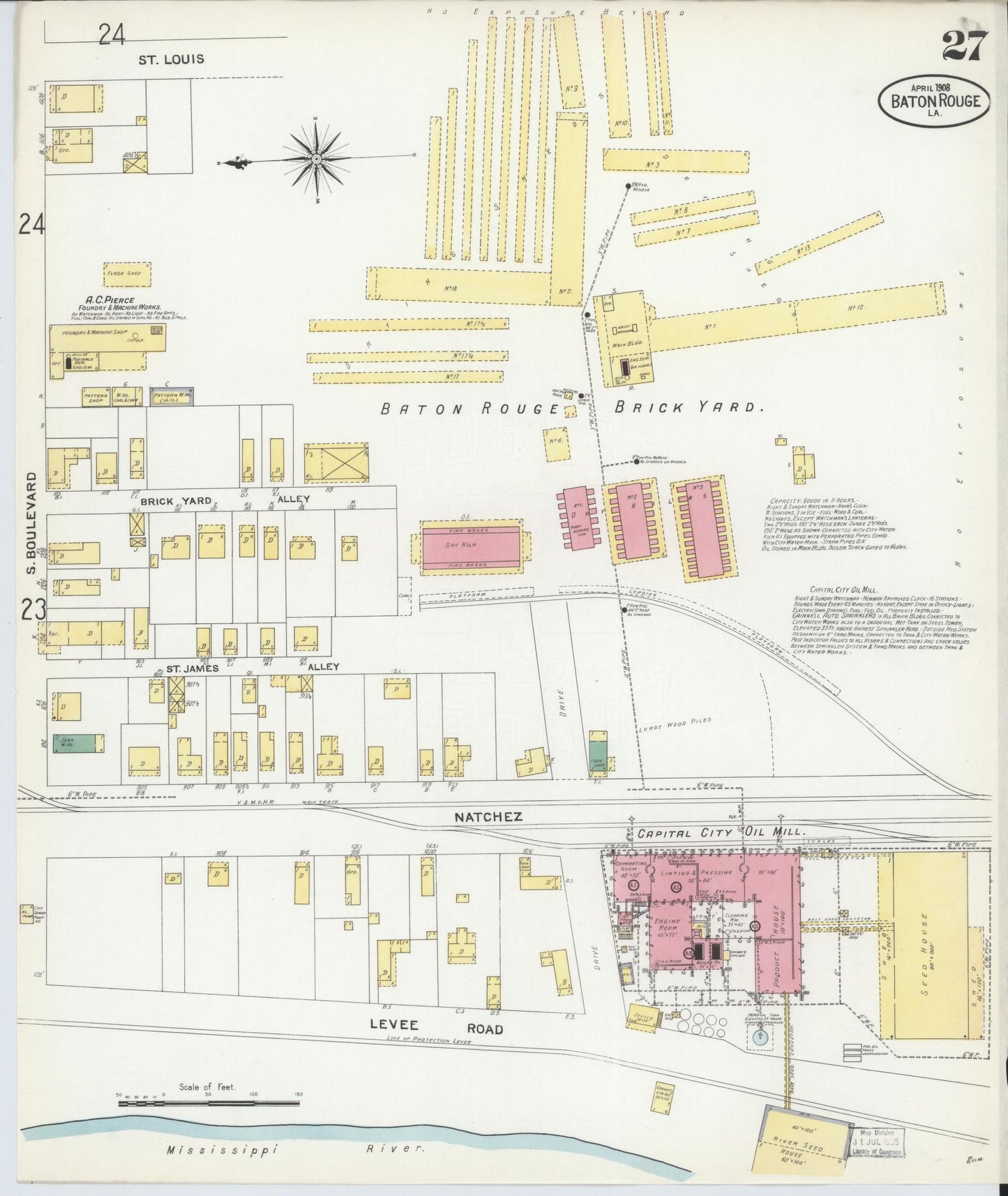 Sanborn Fire Insurance Map from Baton Rouge, East Baton Rouge Parish, Louisiana (1908), Sheet #0027 - Historic Sanborn Fire Insurance Map Print, vintage old map wall art, antique decor, genealogy gift, Louisiana Louisiana map