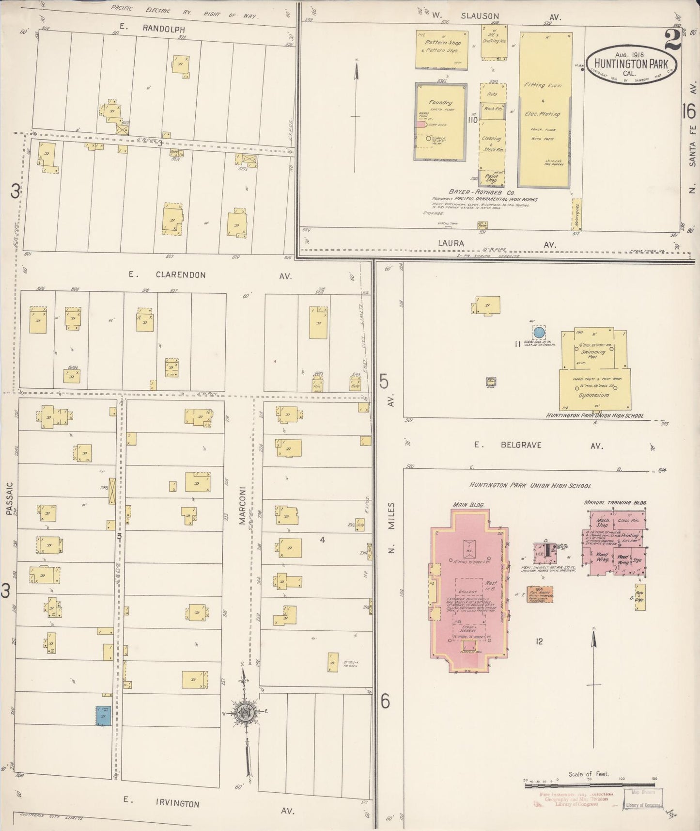 Sanborn Fire Insurance Map from Huntington Park, Los Angeles County, California (1916), Sheet #0002 - Historic Sanborn Fire Insurance Map Print, vintage old map wall art, antique decor, genealogy gift, California California map