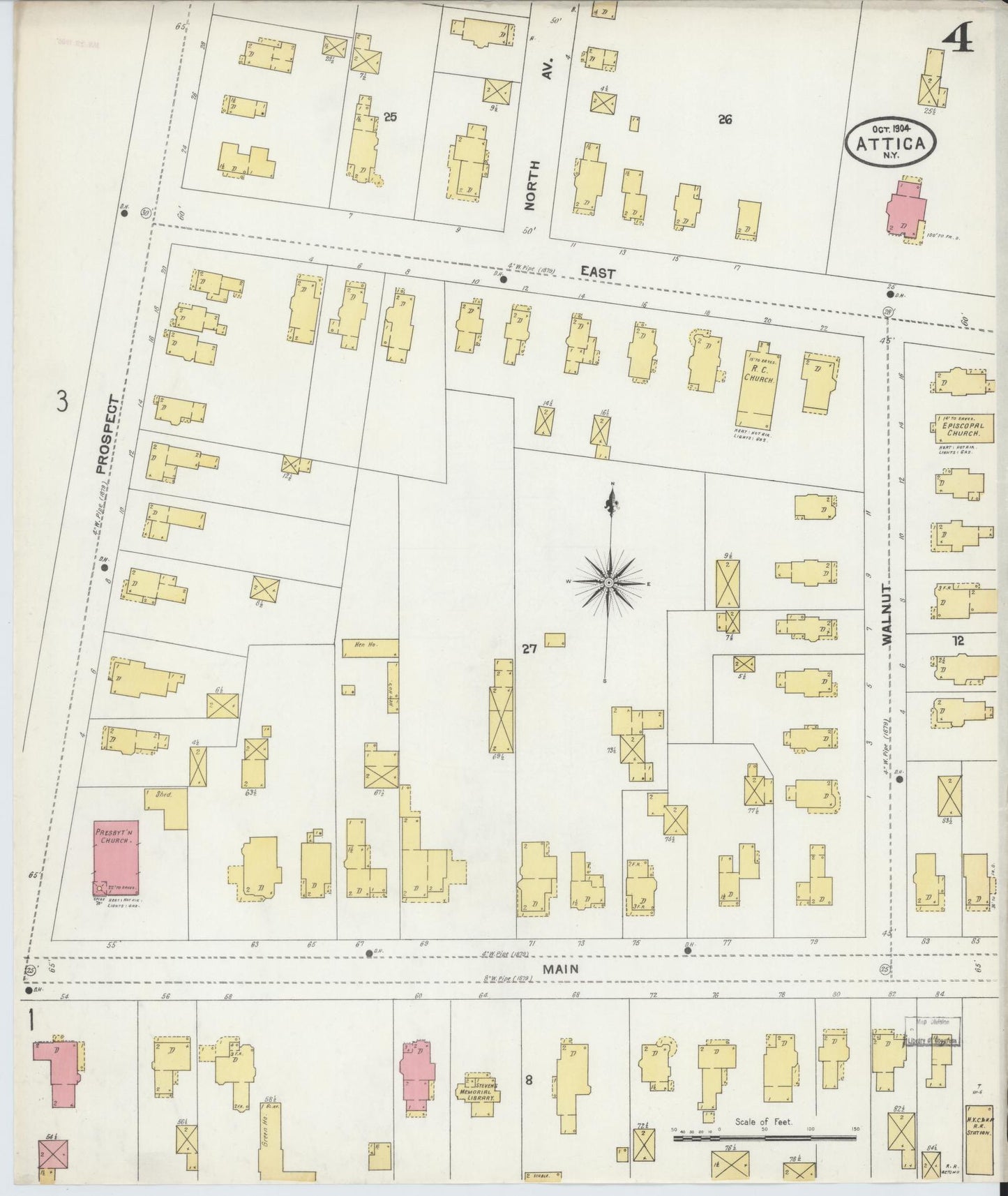 Sanborn Fire Insurance Map from Attica, Wyoming County, New York (1904), Sheet #0004 - Complete Map Set gallery image, historic Sanborn map, vintage wall art, Attica Wyoming