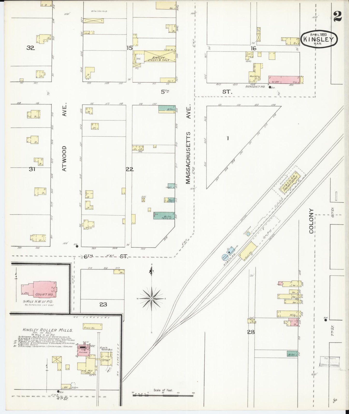 Sanborn Fire Insurance Map from Kinsley, Edwards County, Kansas (1893), Sheet #0002 - Historic Sanborn Fire Insurance Map Print, vintage old map wall art, antique decor, genealogy gift, Kansas Kansas map