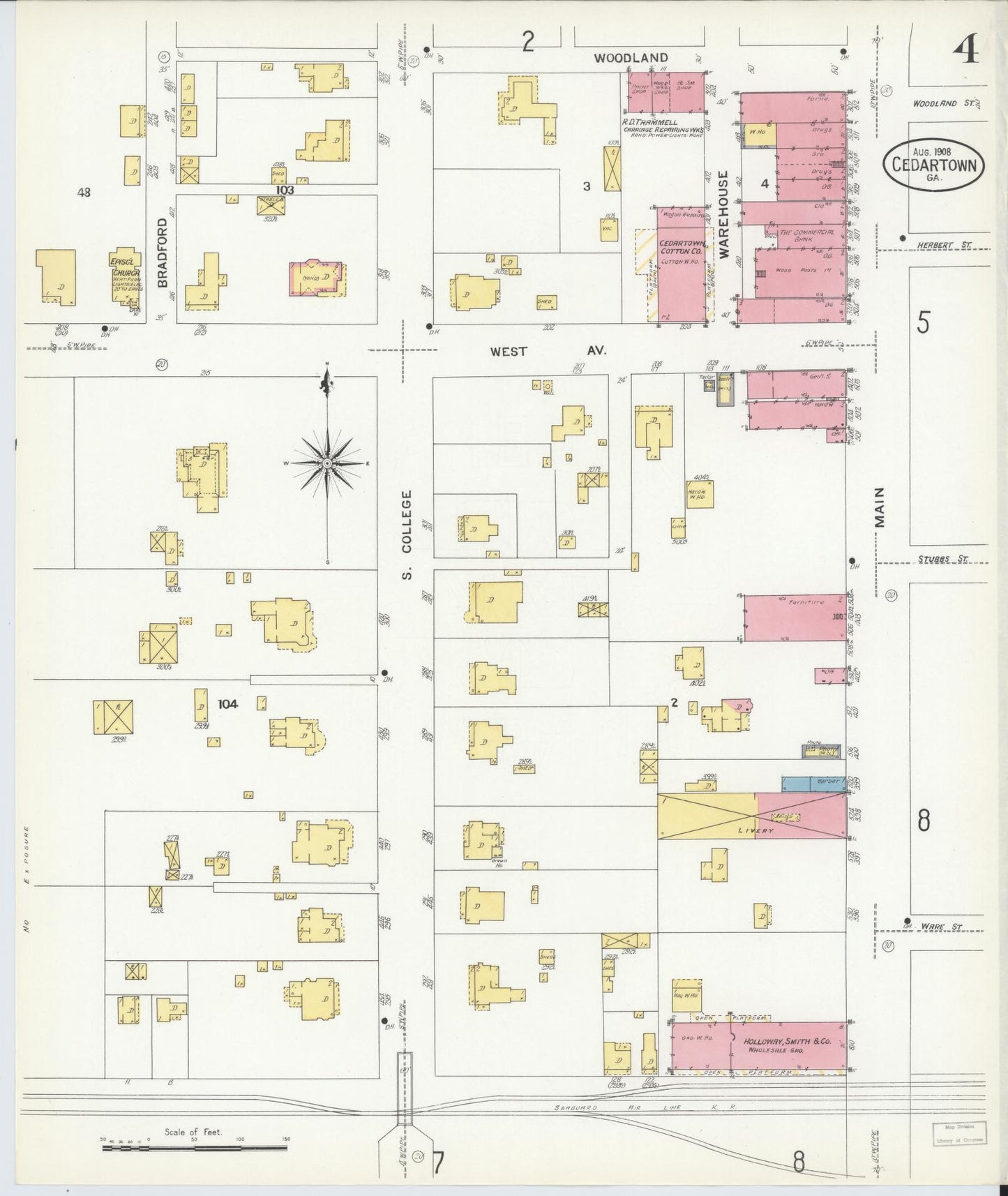 Sanborn Fire Insurance Map from Cedartown, Polk County, Georgia (1908), Sheet #0004 - Historic Sanborn Fire Insurance Map Print, vintage old map wall art, antique decor, genealogy gift, Georgia Georgia map