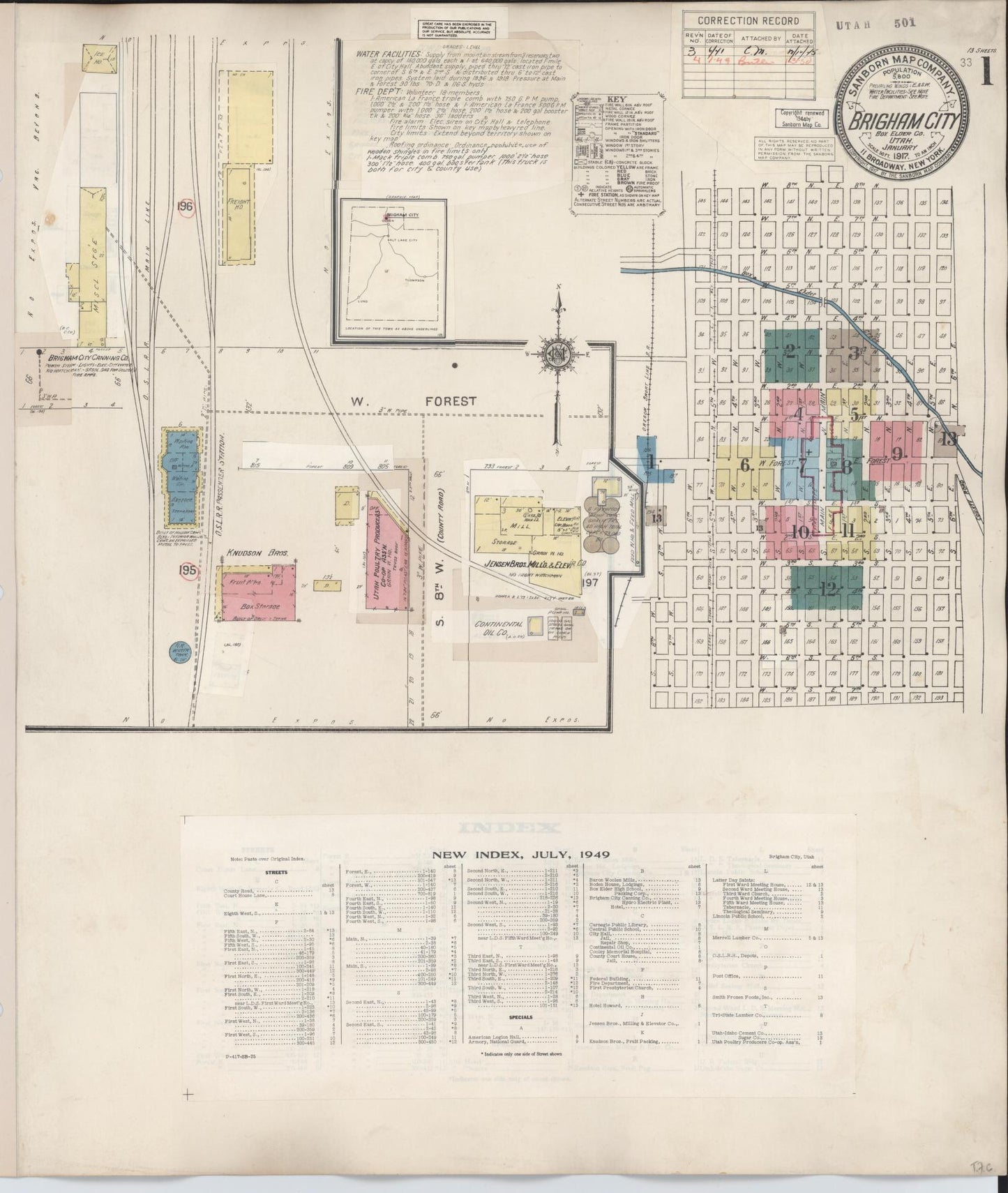 Sanborn Fire Insurance Map from Brigham City, Box Elder County, Utah (1949), Sheet #0001 - Historic Sanborn Fire Insurance Map Print, vintage old map wall art, antique decor, genealogy gift, Utah Utah map