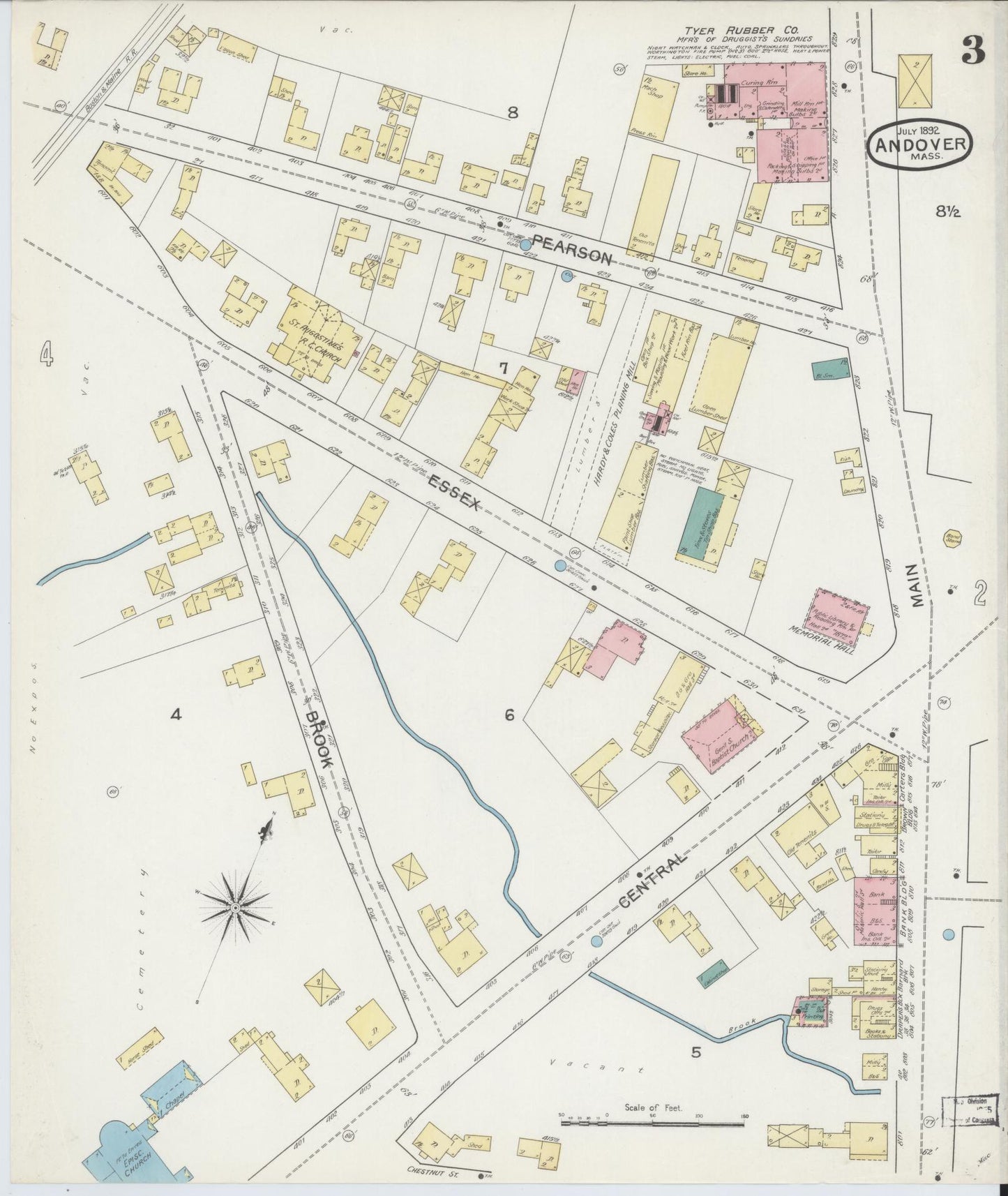 Sanborn Fire Insurance Map from Andover, Essex County, Massachusetts (1892), Sheet #0003 - Historic Sanborn Fire Insurance Map Print, vintage old map wall art, antique decor, genealogy gift, Massachusetts Massachusetts map