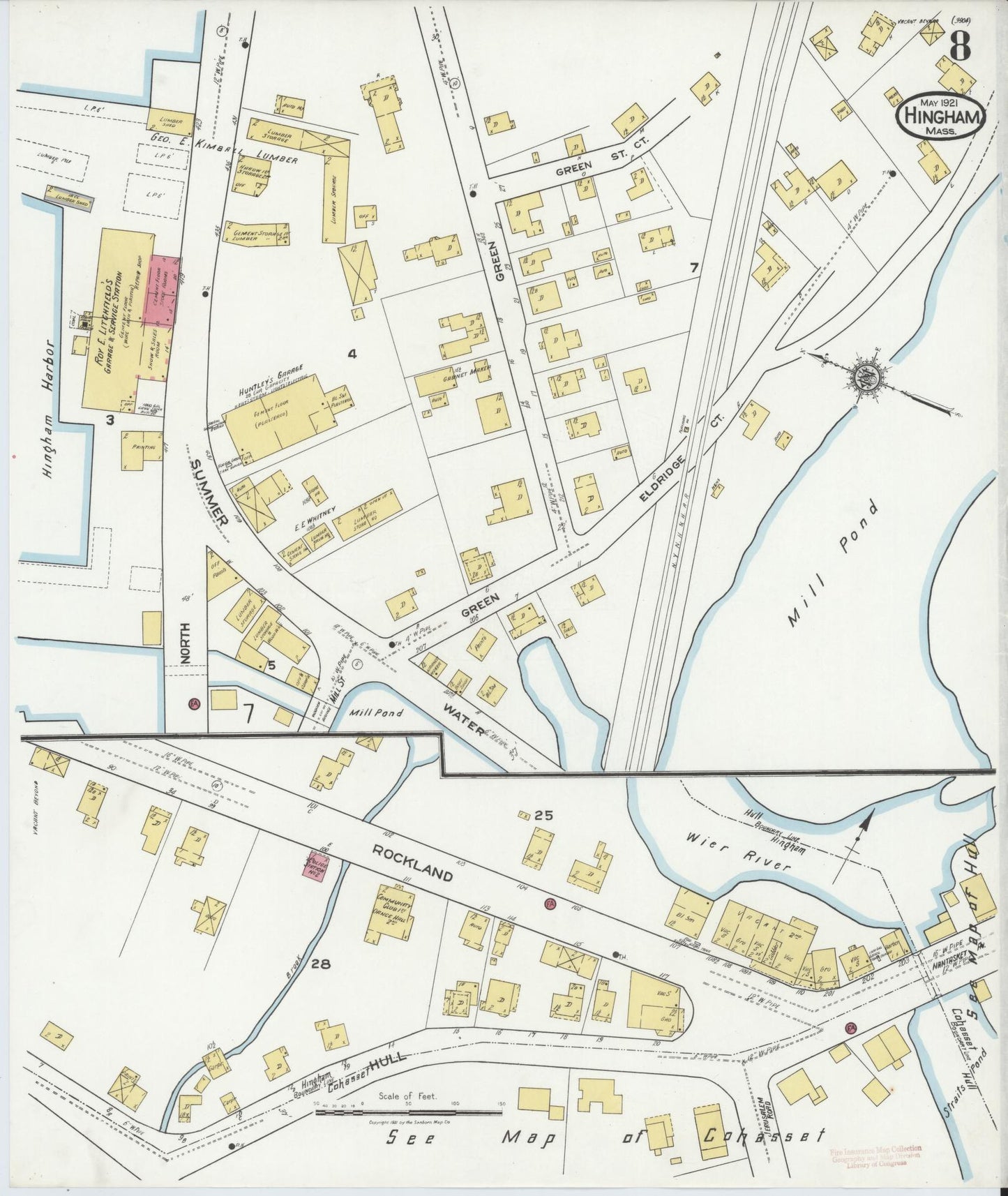 Sanborn Fire Insurance Map from Hingham, Plymouth County, Massachusetts (1921), Sheet #0008 - Historic Sanborn Fire Insurance Map Print, vintage old map wall art, antique decor, genealogy gift, Massachusetts Massachusetts map