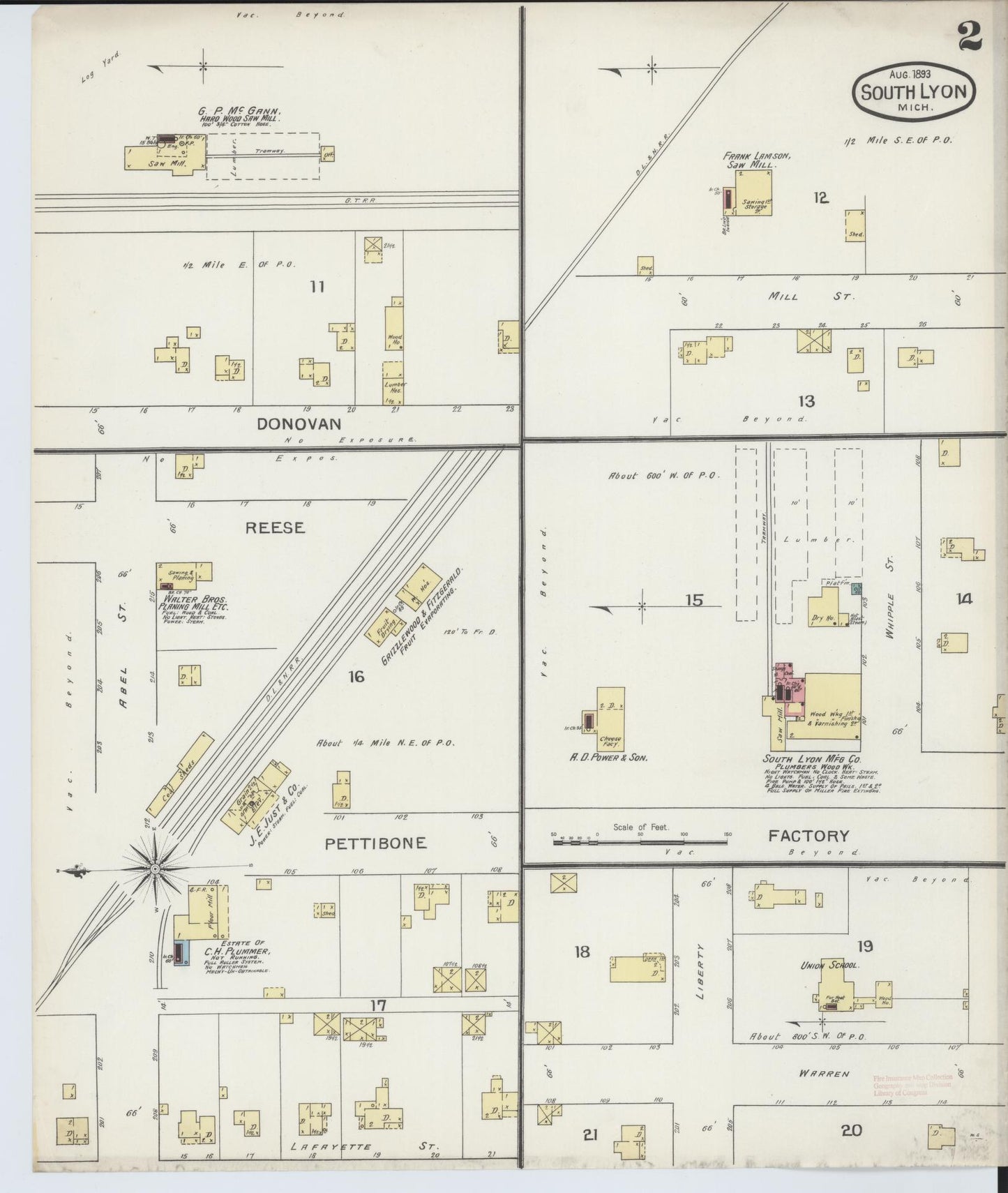 Sanborn Fire Insurance Map from South Lyon, Oakland County, Michigan (1893), Sheet #0002 - Complete Map Set gallery image, historic Sanborn map, vintage wall art, Michigan Michigan