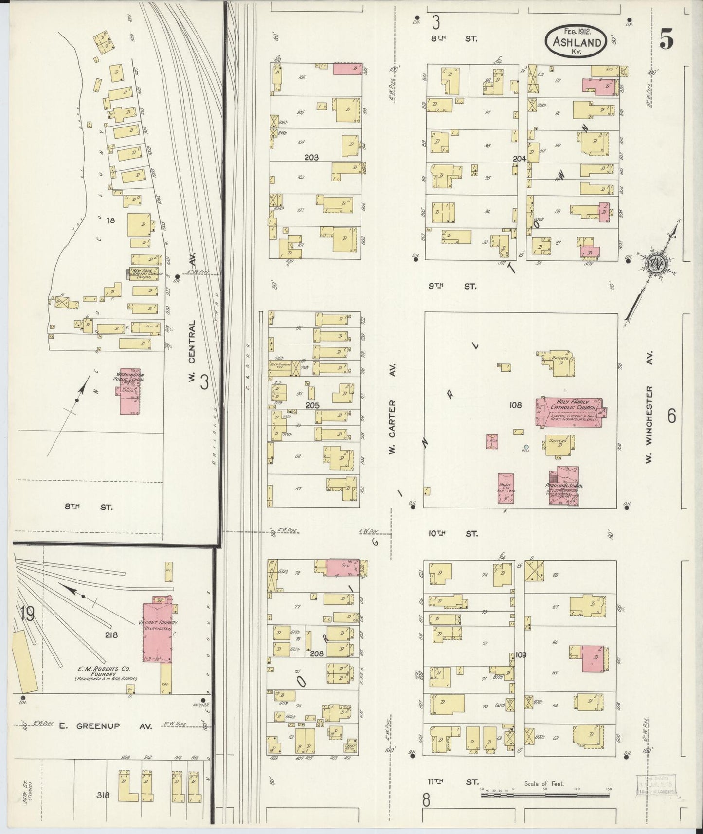 Sanborn Fire Insurance Map from Ashland, Boyd County, Kentucky (1912), Sheet #0005 - Historic Sanborn Fire Insurance Map Print, vintage old map wall art, antique decor, genealogy gift, Kentucky Kentucky map