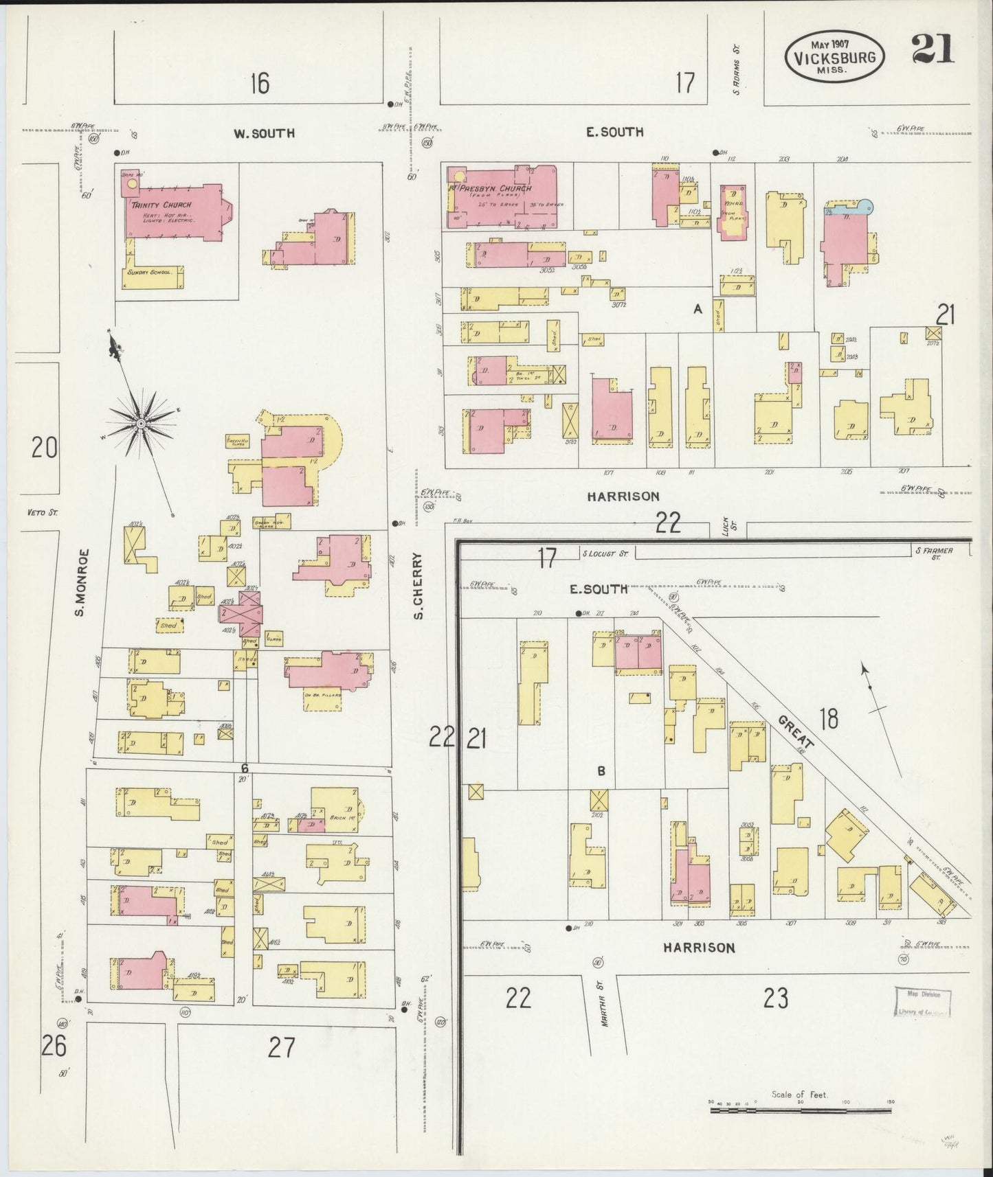 Sanborn Fire Insurance Map from Vicksburg, Warren County, Mississippi (1907), Sheet #0021 - Historic Sanborn Fire Insurance Map Print, vintage old map wall art, antique decor, genealogy gift, Mississippi Mississippi map
