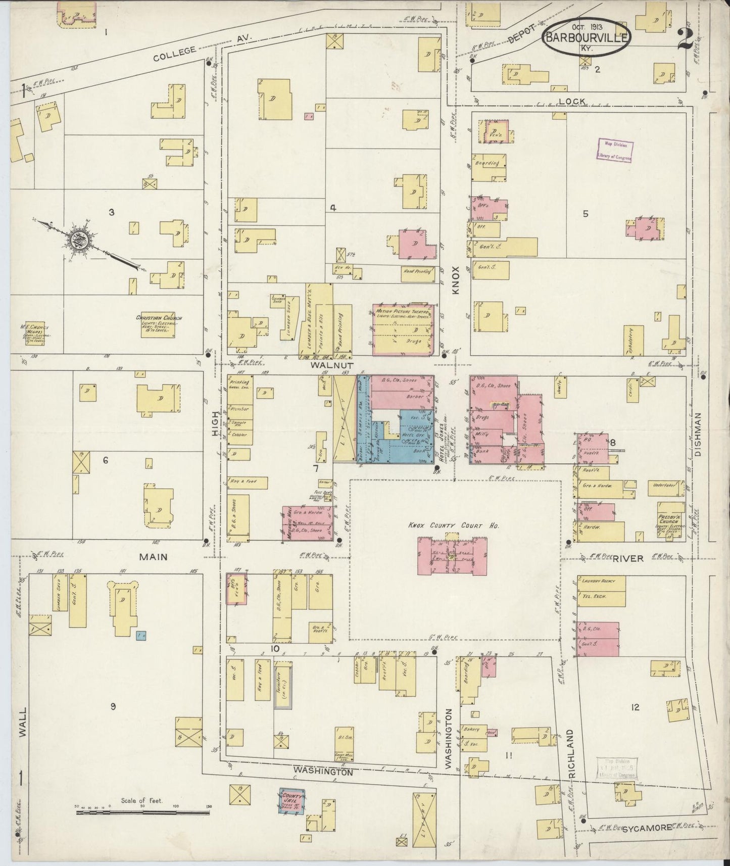 Sanborn Fire Insurance Map from Barbourville, Knox County, Kentucky (1913), Sheet #0002 - Historic Sanborn Fire Insurance Map Print, vintage old map wall art, antique decor, genealogy gift, Kentucky Kentucky map