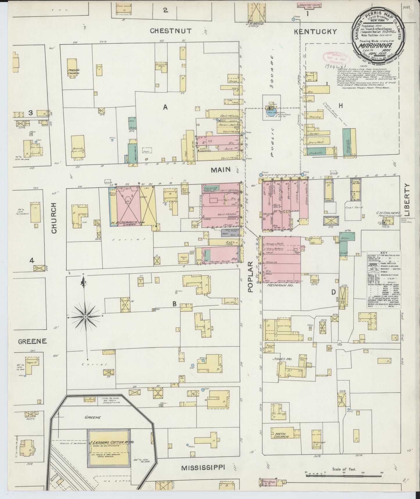 Sanborn Fire Insurance Map from Marianna, Lee County, Arkansas (1892), Sheet #0001 - Historic Sanborn Fire Insurance Map Print, vintage old map wall art, antique decor, genealogy gift, Arkansas Arkansas map