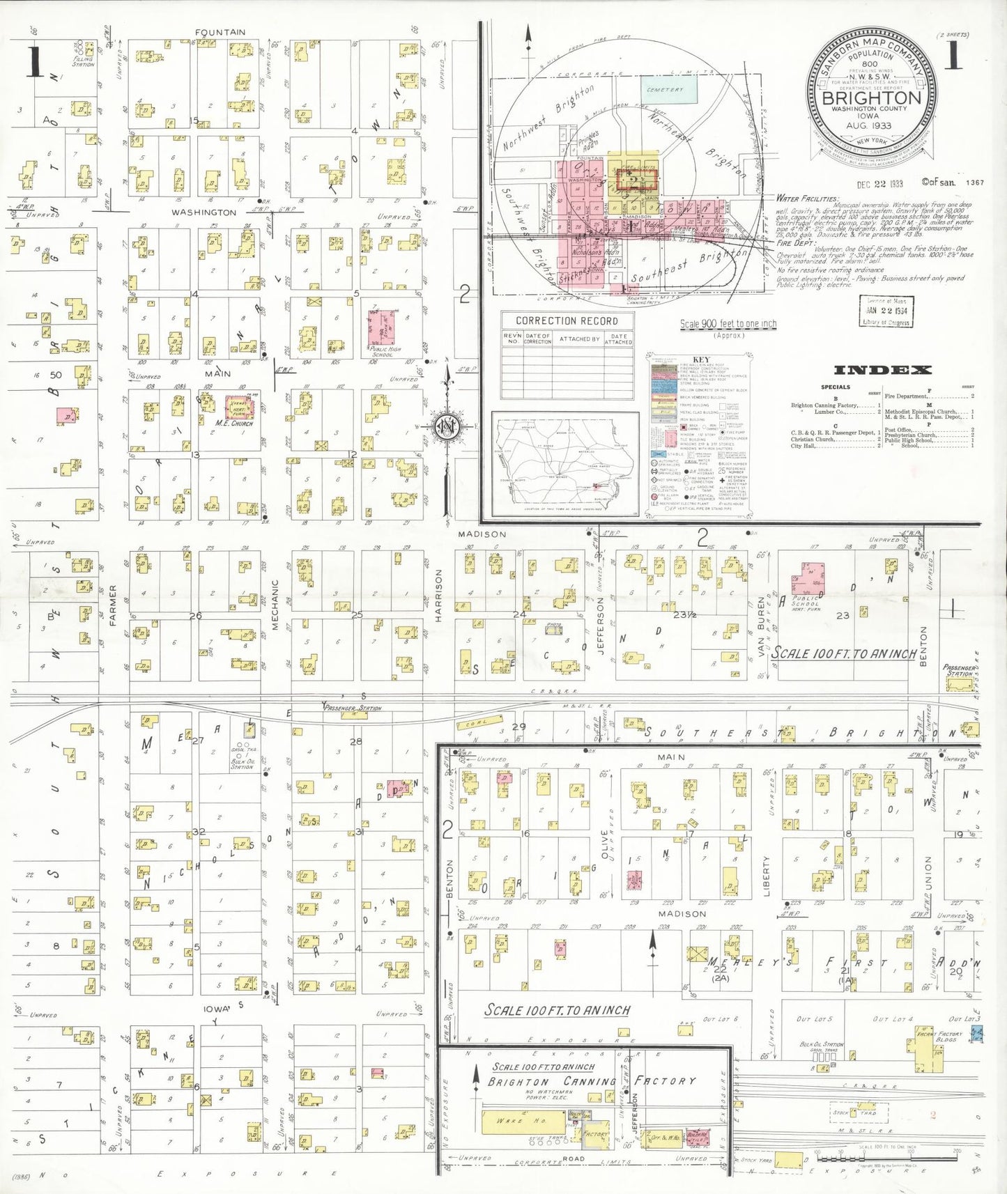 Sanborn Fire Insurance Map from Brighton, Washington County, Iowa (1933), Sheet #0001 - Historic Sanborn Fire Insurance Map Print, vintage old map wall art