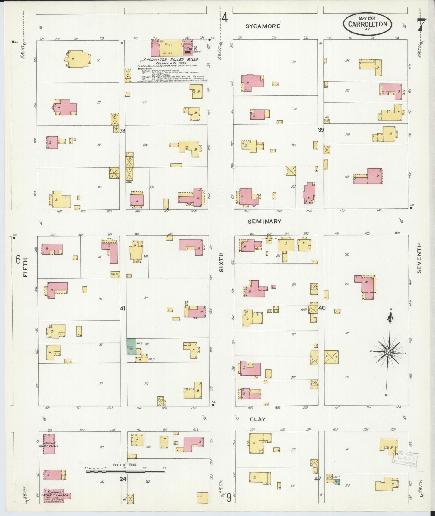 Sanborn Fire Insurance Map from Carrollton, Carroll County, Kentucky (1908), Sheet #0007 - Historic Sanborn Fire Insurance Map Print, vintage old map wall art, antique decor, genealogy gift, Kentucky Kentucky map