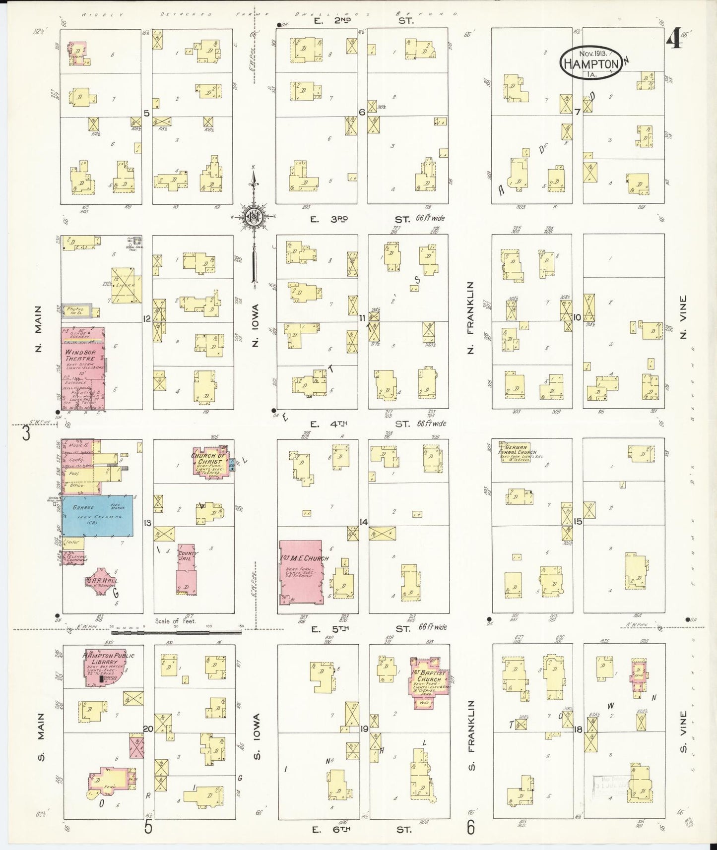 Sanborn Fire Insurance Map from Hampton, Franklin County, Iowa (1913), Sheet #0004 - Historic Sanborn Fire Insurance Map Print, vintage old map wall art